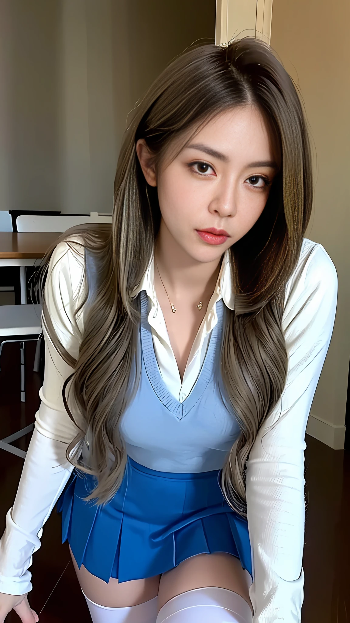 (Best Quality, 4K, Masterpiece: 1.3), Pretty Woman, 1girl, Sexy: 1.1, Dark Yellow Hair: 1.1, Woman in School Uniform, Soaked School Uniform, Ultra Detailed Face, Detailed Lips, Delicate Eyes, Double Eyelids, Blue Miniskirt White Stockings