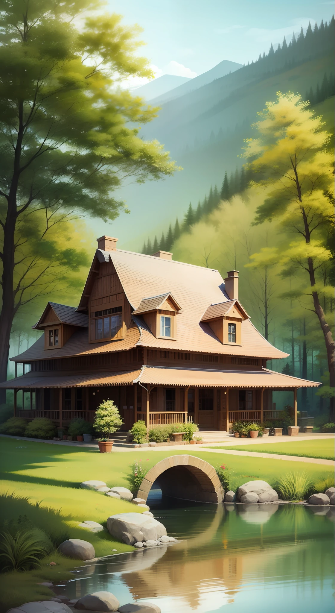 Country house in the middle of the lake, classic art, oil painting --auto