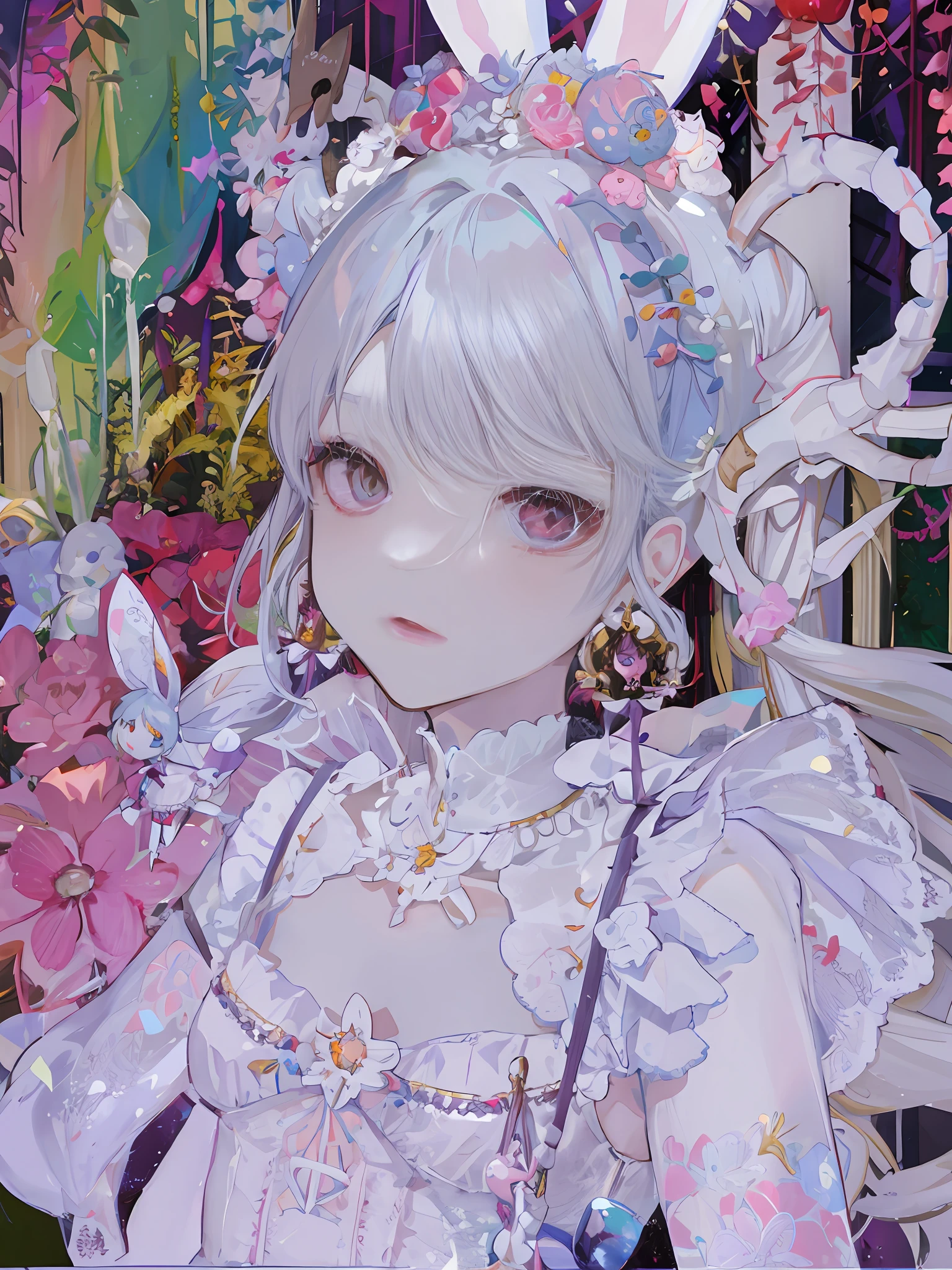 There is a girl with bunny ears and dress, fairy core, , guvitz, close-up character, pale milky porcelain skin, porcelain white skin, ball joint doll, CG society