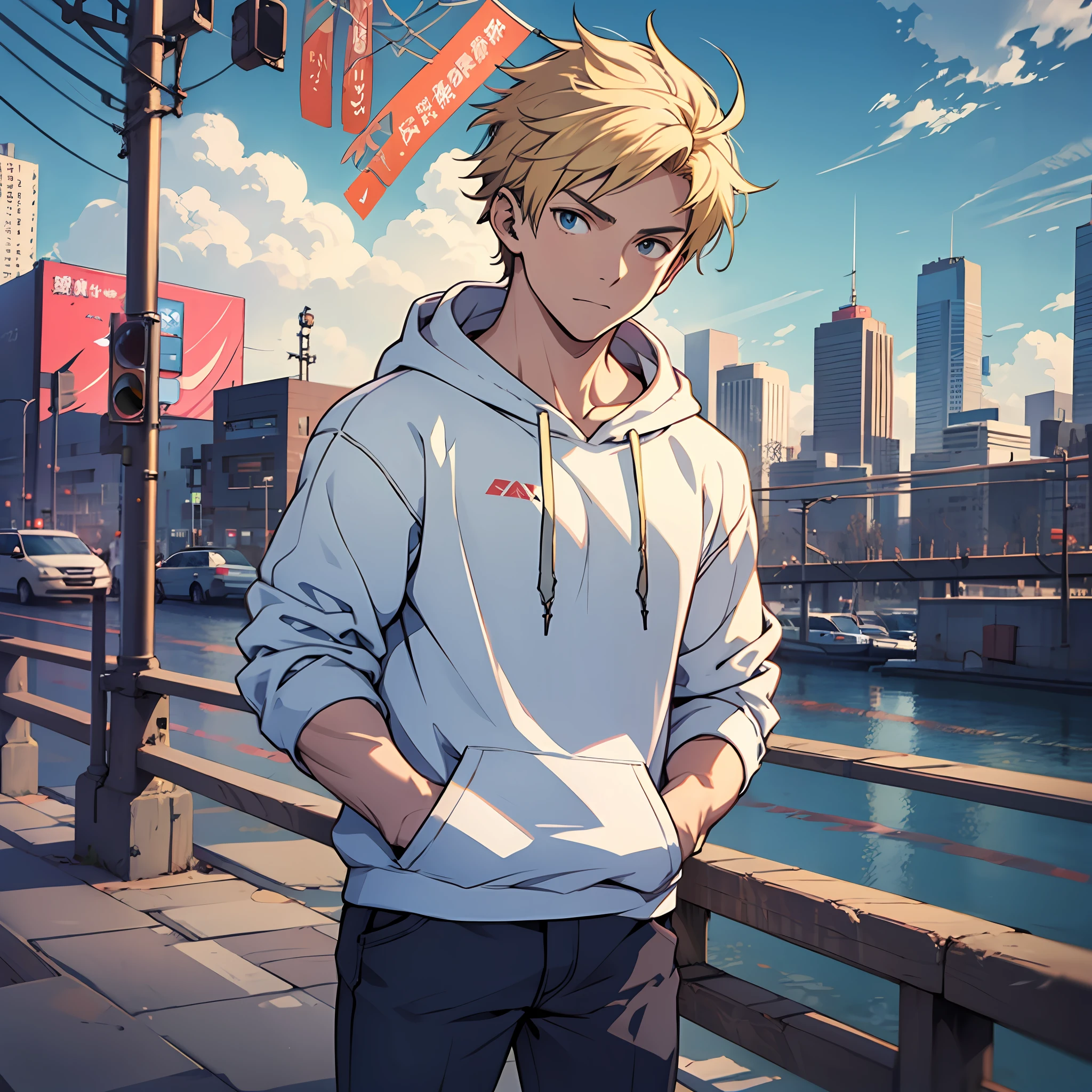 Short blond hair, 1boy, urban city, open blue hoodie, white t-shirt, hands in pockets, anime