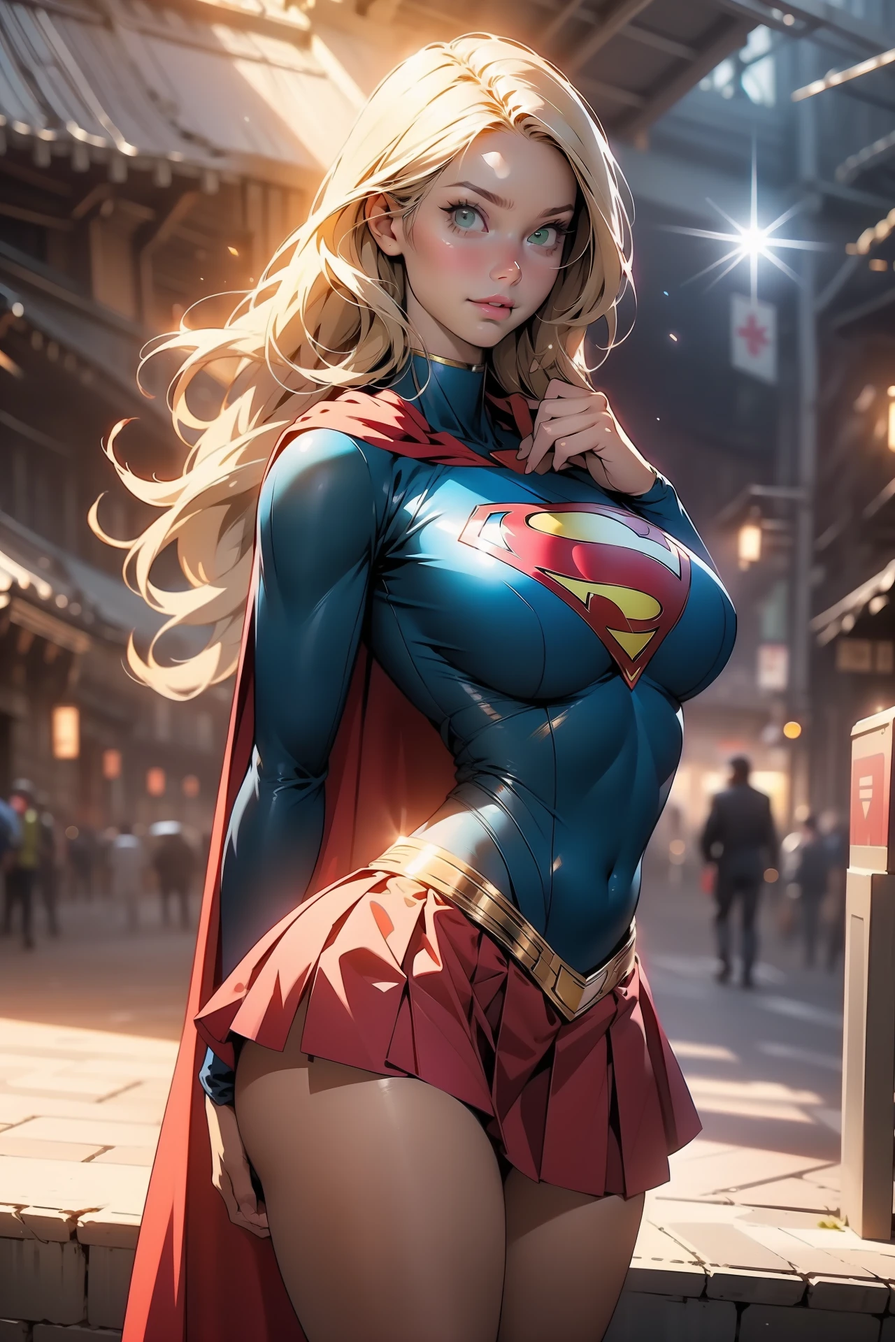 nsfw: 1.5, masterpiece, best quality, high quality, high definition, high quality textures, high quality shadows, high definition, beautiful detail, highly detailed CG, detailed textures, realistic representation of faces, realistic, colorful, delicate , cinematic lights, side lights, lens flares, ray tracing, sharp focus, supergirl, ((best quality, masterpiece, absurd, 8k)), 1 girl, solo, 21 years old,Supergirl(Helen Slater), huge breasts, huge breasts, long hair down to her hips, long hair,low hair, voluminous hair, white skin tone, green eyes, sparkling expressive eyes, huge breasts, she is supergirl, Supergirl cosplay , japanese sailor school uniform female cosplay Supergirl, stocking 7/8 ,superman suit, blushing, embarrassed expression, shy smile, building terrace, daytime, pretty, young woman, hands behind) (1girl, __focus__:1.3), (intricate details, makeup , PureErosFace_V1:0.5), (delicate beautiful face with details, Delicate eyes beautiful in details, perfect face proportions, dense skin, ideal proportion of four fingers and one thumb, arms under the chest, huge breasts, miniskirt,upskirt,wide hips, flat upper abdomen , thin, dressed, blonde: 1.3), bed, no hands