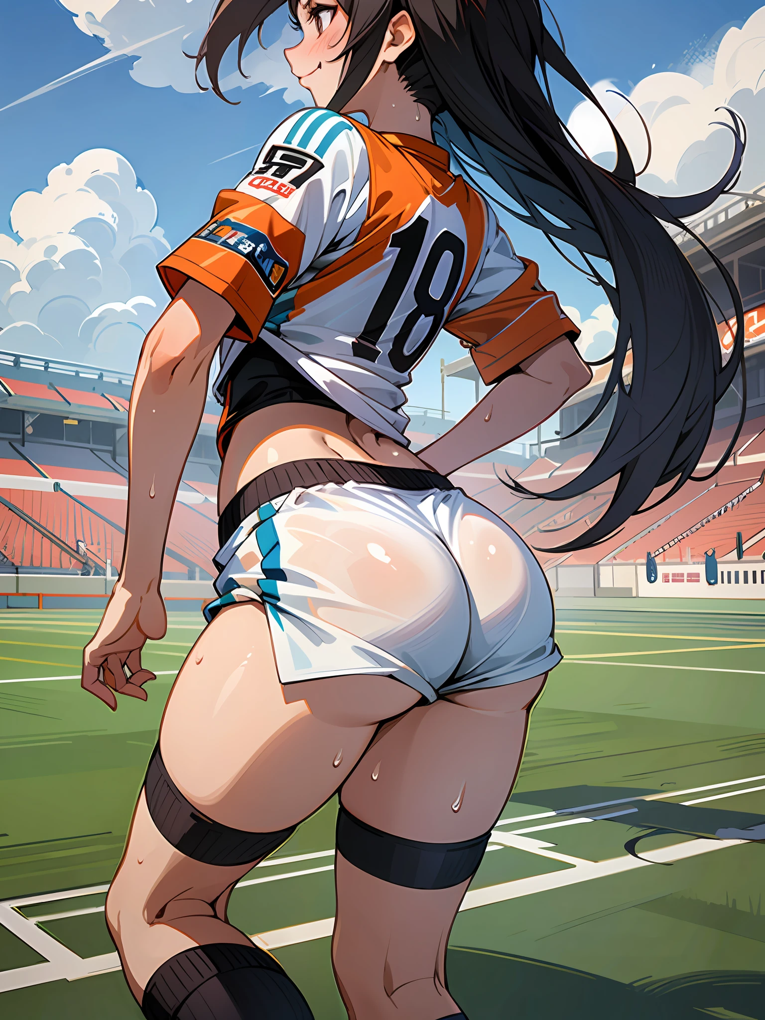 Masterpiece, Ultra High Quality, Super Detail, Perfect Drawing, Solo, Girl, Soccer Club, Soccer Shirt, Half Pants, Spads, Knee Socks: (0.8), Soccer Shoes, Hair Band, Back Figure, Volley Shoot, Round Big Butt, Butt Thrust Pose, Bulging Bust Top, Blush, Sweat, Tanned Skin: (1.5), Smile, (((Clothes clinging to the body with sweat)), 18 years old, football field, summer sky, cumulonimbus clouds, shot from diagonally behind, bust up, see-through, panty line, dynamism,