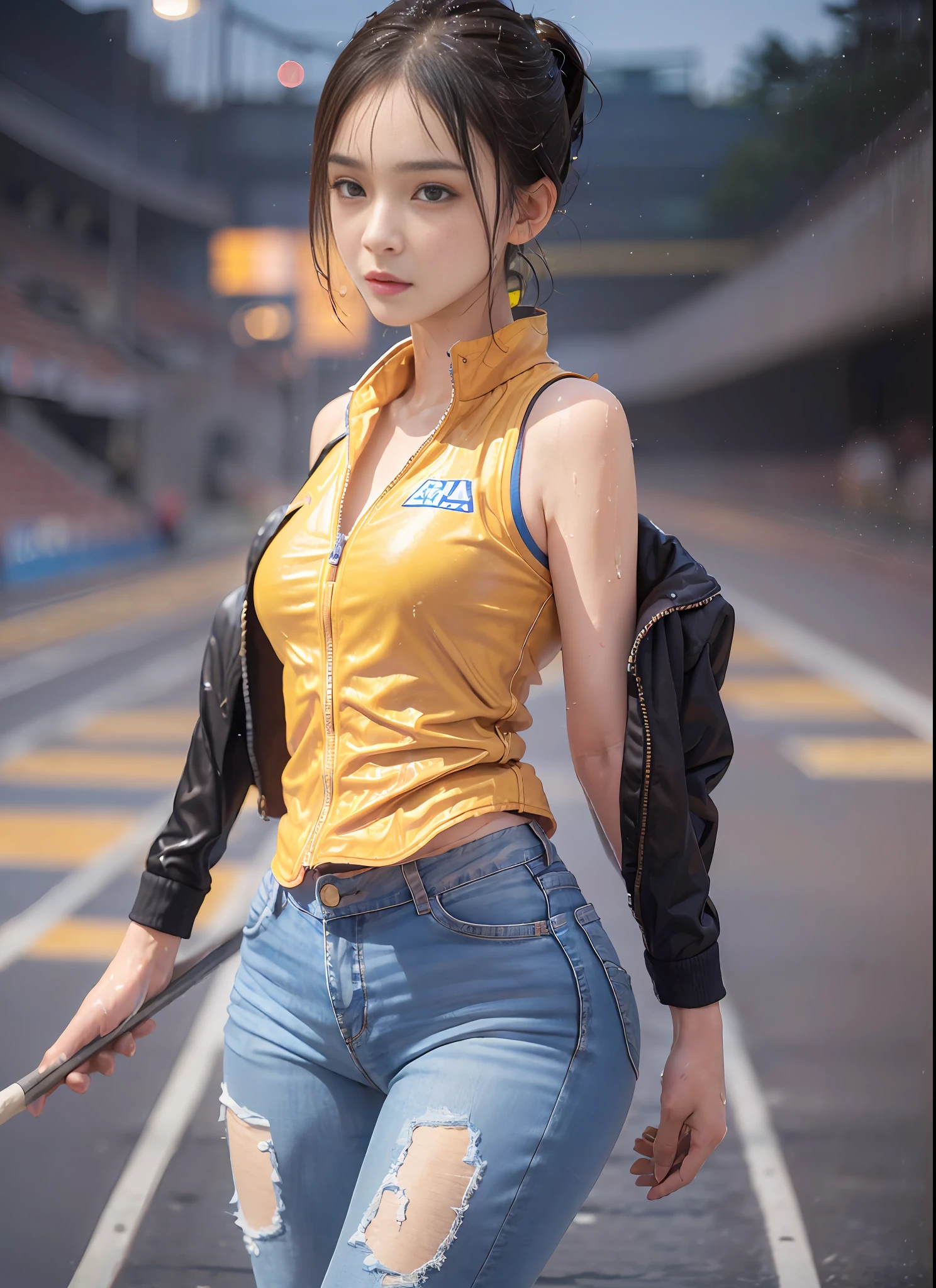 1 woman, 8k, RAW photos, (top quality, masterpiece, intricate details: 1.4), (realistic, realistic: 1.3), (realistic: 1.3), realistic, Chinese female track and field athletes, (rainy days)), ((woman standing on the stadium track: 1.8)), (beautiful women like Chinese actresses), (heavy rain), (((thin track and field team vest)), (light track team vest), (track and field team vest, wet by rain and visible through the skin), Track and field team vest stuck to rain-wet skin, (wet yellow hair), (wet yellow bangs), wet skin, (transparent protrusion), 18 years old, (small face: 1.5), (nervous expression), light makeup, thin eyebrows, detailed and beautiful face, detailed eyes, (tear bag: 1.5), detailed fingers, detailed legs, detailed skin, medium breasts, shiny hair, shiny skin, wet hair, wet skin, wet skin, wet drip vest, super short jeans