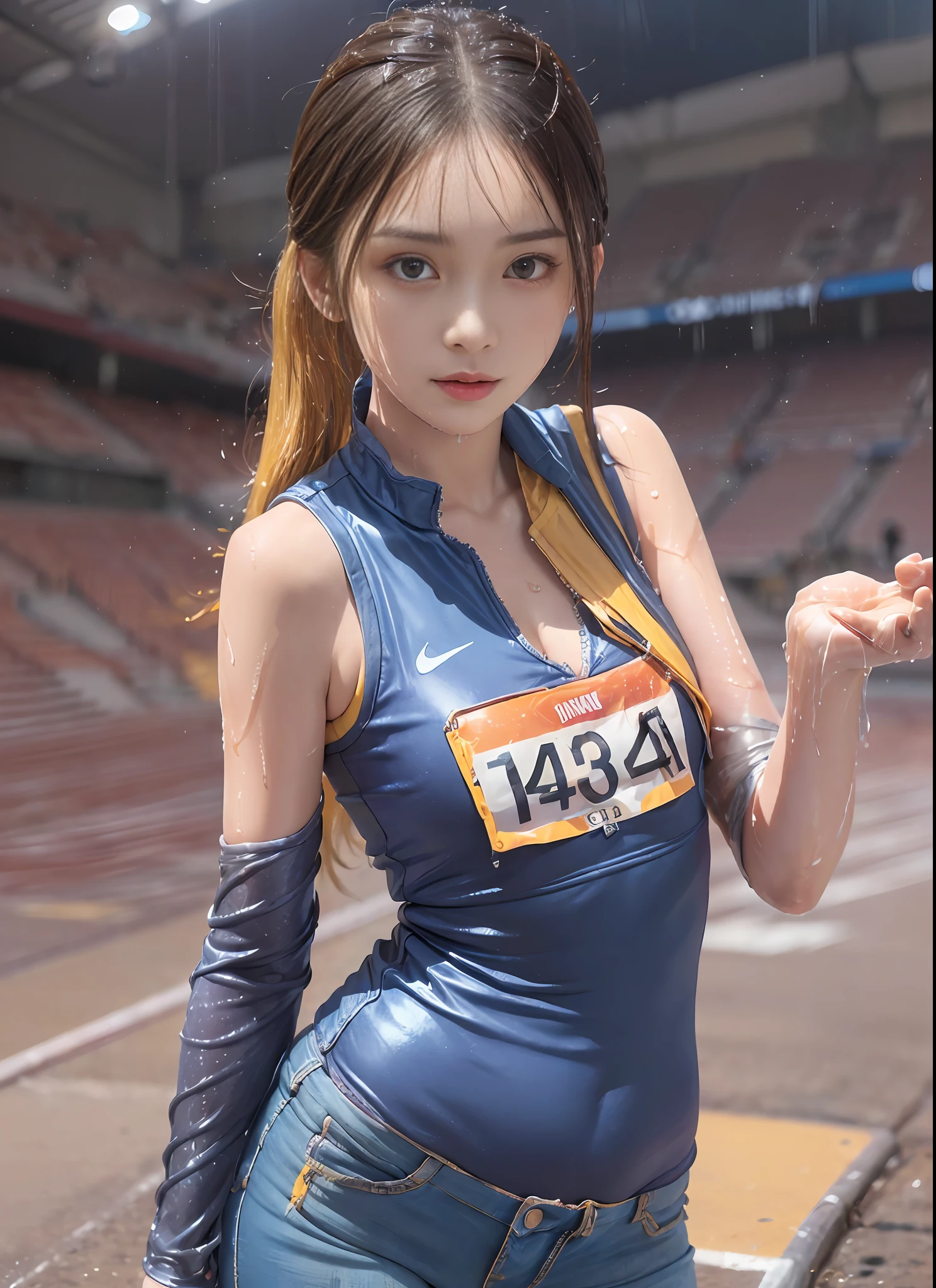 1 woman, 8k, RAW photos, (top quality, masterpiece, intricate details: 1.4), (realistic, realistic: 1.3), (realistic: 1.3), realistic, Chinese female track and field athletes, (rainy days)), ((woman standing on the stadium track: 1.8)), (beautiful women like Chinese actresses), (heavy rain), (((thin track and field team vest)), (light track team vest), (track and field team vest, wet by rain and visible through the skin), Track and field team vest stuck to rain-wet skin, (wet yellow hair), (wet yellow bangs), wet skin, (transparent protrusion), 18 years old, (small face: 1.5), (nervous expression), light makeup, thin eyebrows, detailed and beautiful face, detailed eyes, (tear bag: 1.5), detailed fingers, detailed legs, detailed skin, medium breasts, shiny hair, shiny skin, wet hair, wet skin, wet skin, wet drip vest, super short jeans