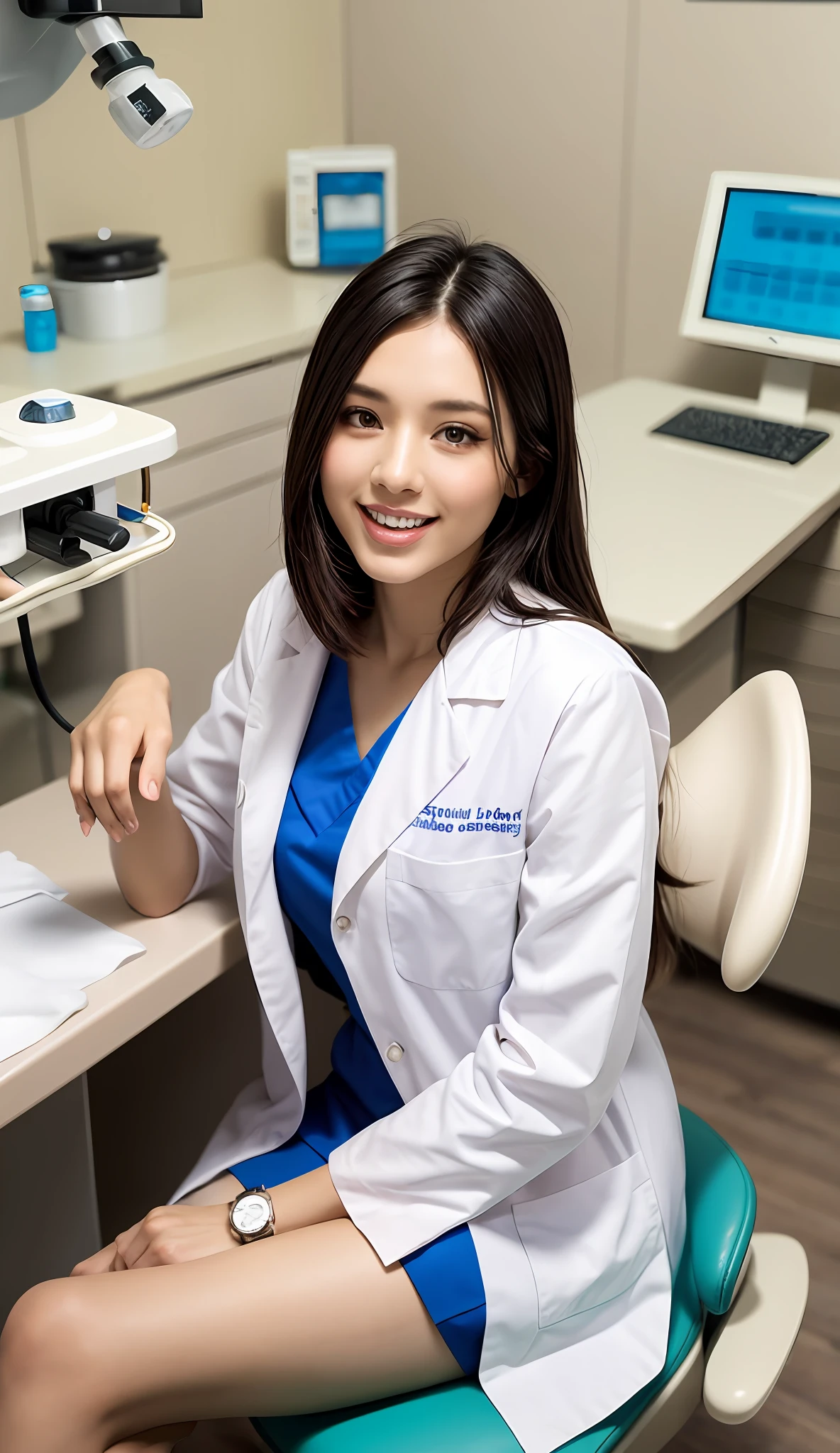 alone, ((dentist)), elegant, white lab coat, cream skirt,black hair, delicate, girl, hair collection, detailed face, high resolution, (serious)) In the hospital, looking at the camera, the dentist, she is a beautiful woman of success, high quality face, medical, high resolution, sharp, sharp features, no scarf, no embellishment,sitting armrest on a chair in the dental room.