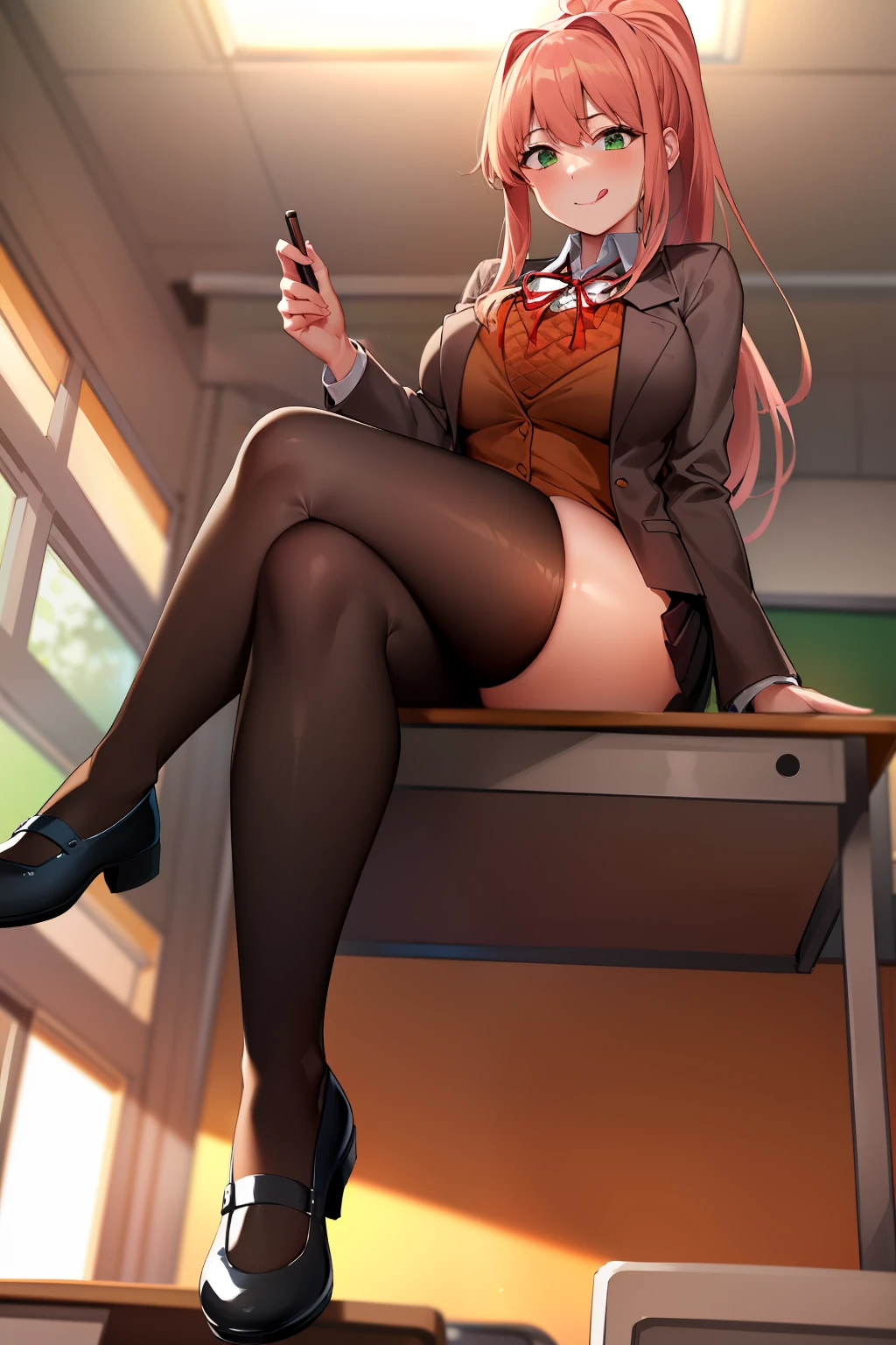 2d, masterpiece, best quality, anime, highly detailed, 1girl, solo, monika, green eyes, very long hair, ponytail, school uniform, straight-on, smile, (full body:1.5), giantess, smile, (from below:1.5), thick thighs, looking down at viewer, upskirt, (large breasts:1.3), field, (looming:1.3), mature female, high quality, hd quality, masterpiece, photorealistic, shoe soles, close-up foot, intense angle, :d, (sitting on desk:1.6), very low angle, female pervert, toragao, crossed legs, closed mouth, (licking lips, licking own lips:1.1), (sitting:1.5), (white undershirt, orange sweater:1.2), (brown jacket:1.4), (absolute territory, black thighhighs:1.4), (uwabaki:1.5), full body in frame, (classroom, indoors:1.3), clasroom desk,