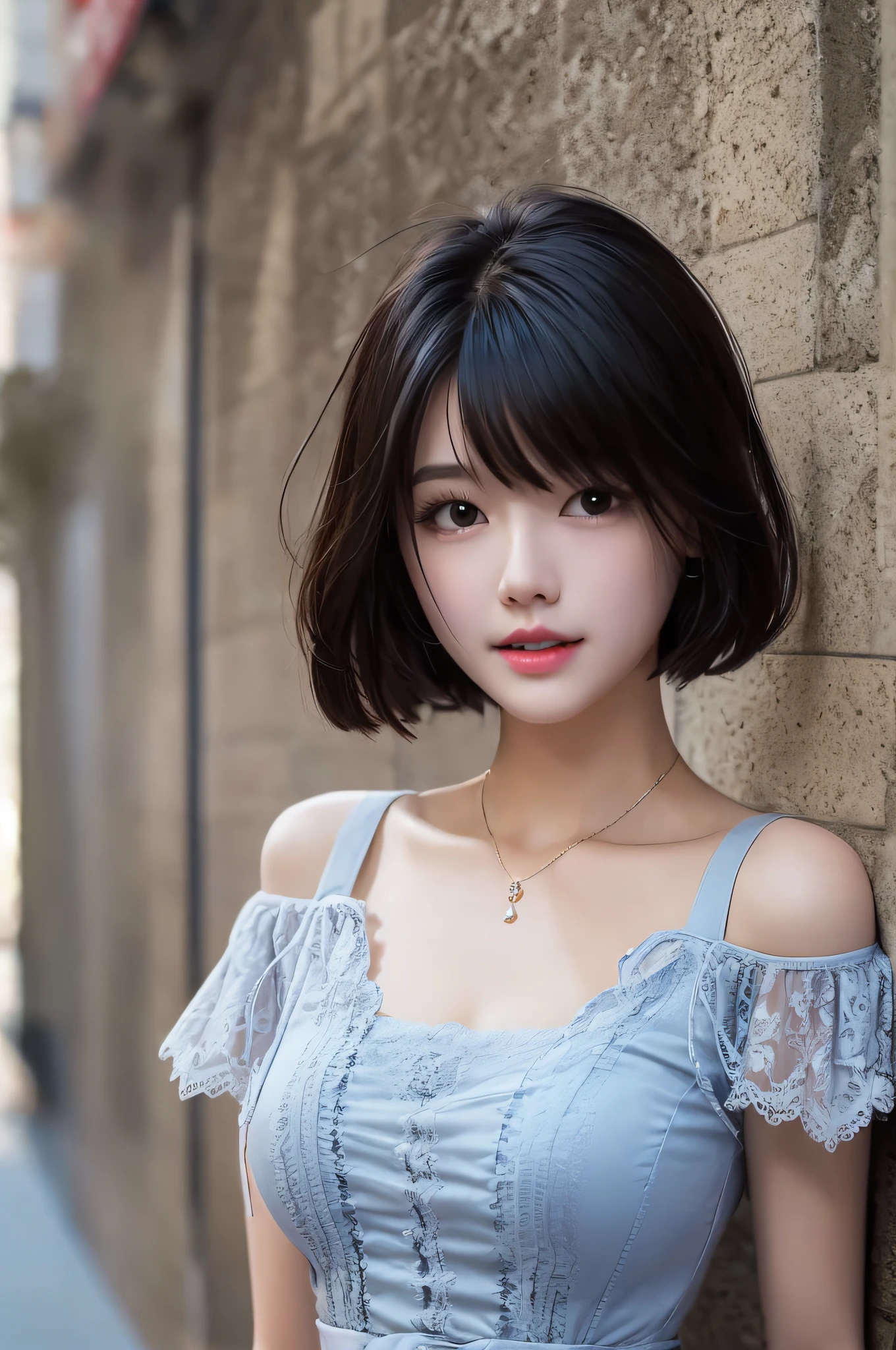 1 girl walking on street in lace dress, she look at the viewer, solo, half body, close up,
