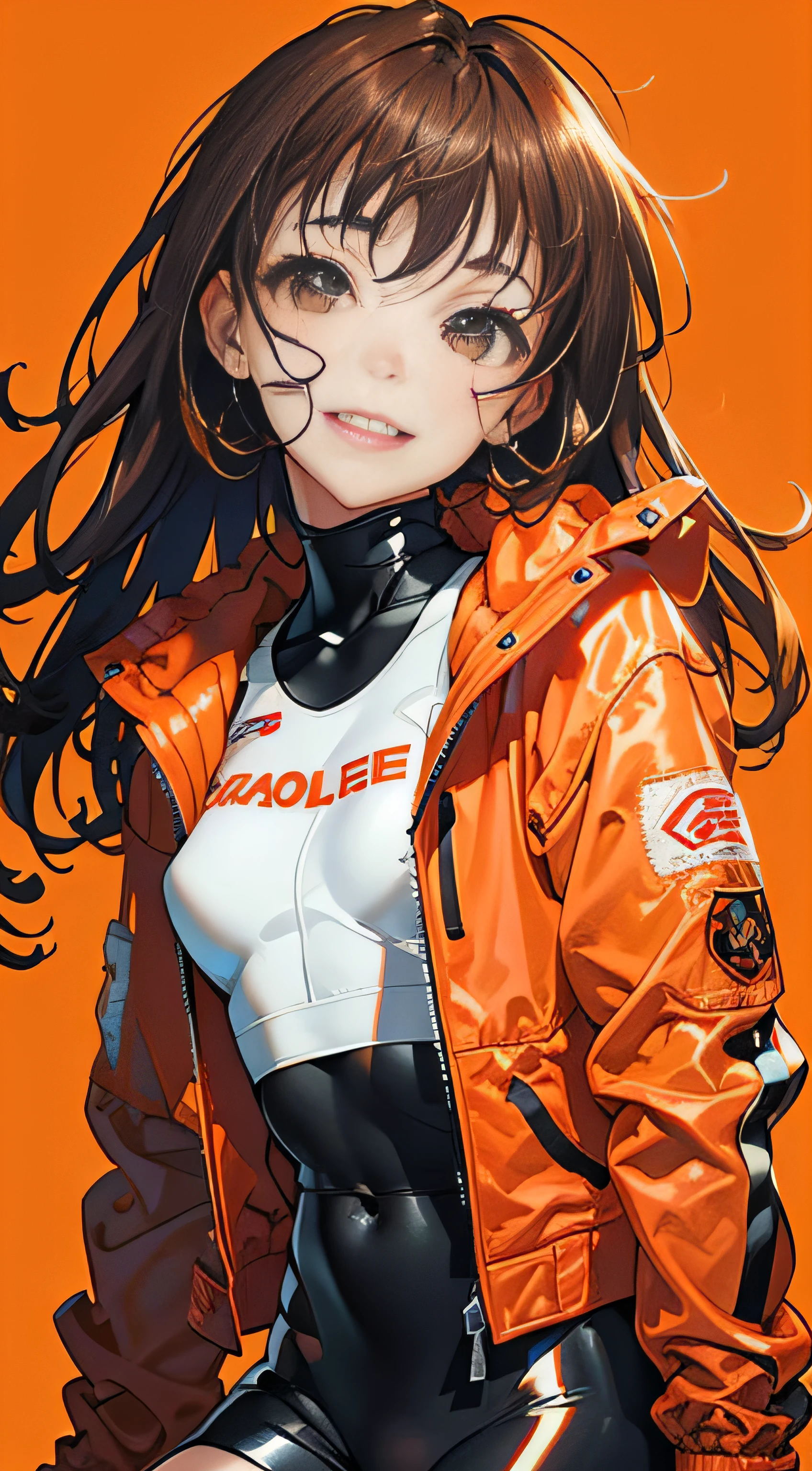 1girl, solo,underwaterbrown hair, brown eyes, parted lips, long sleeves, jacket, simple background, upper body, red background, looking at viewer, teeth, red jacket, lips, cosplay, full body, smile,motorbike