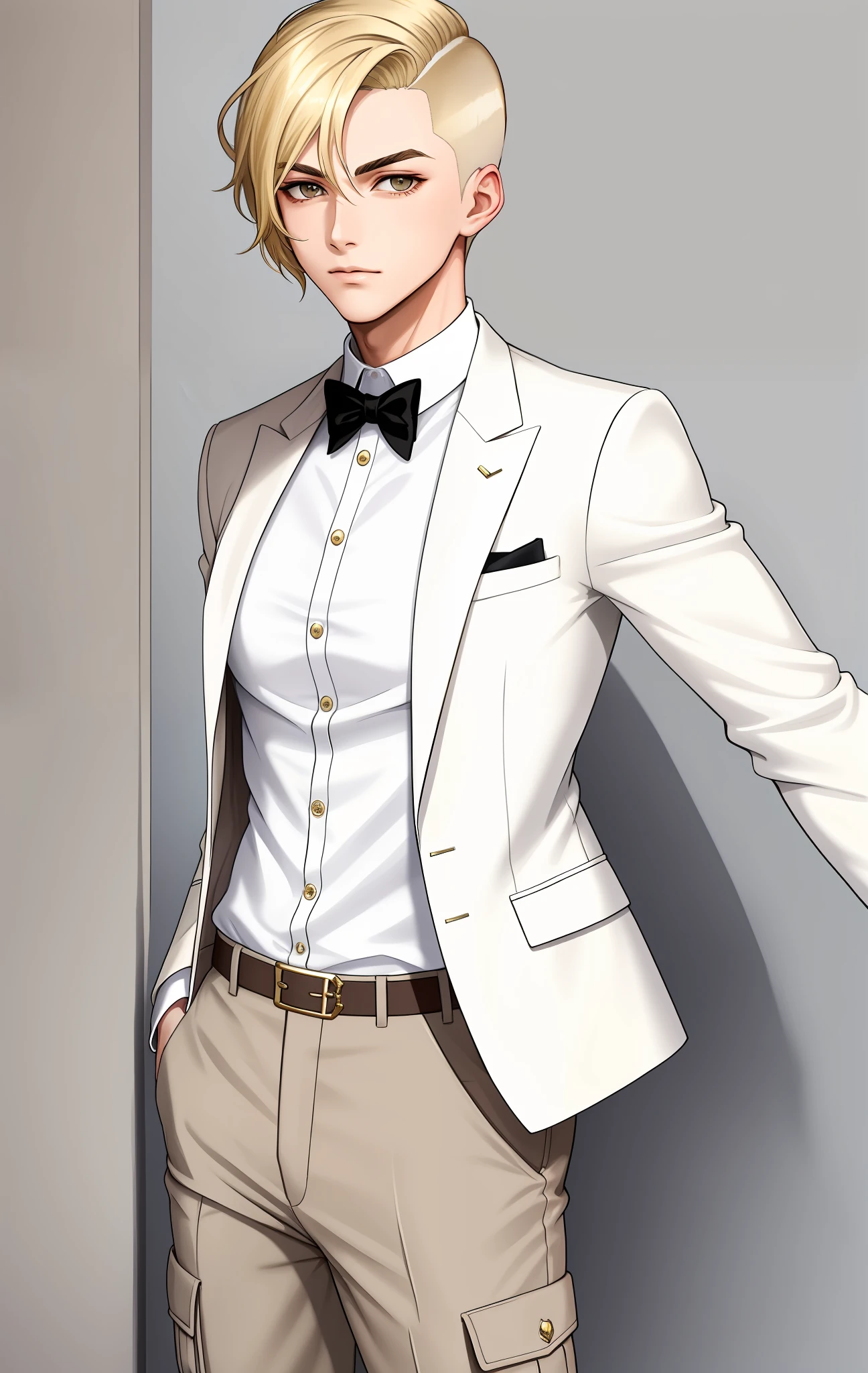 Woman with short blonde hair with one side shaved, white bands on breasts, wearing beige cargo pants, slightly masculine appearance, wearing a white suit with gold details