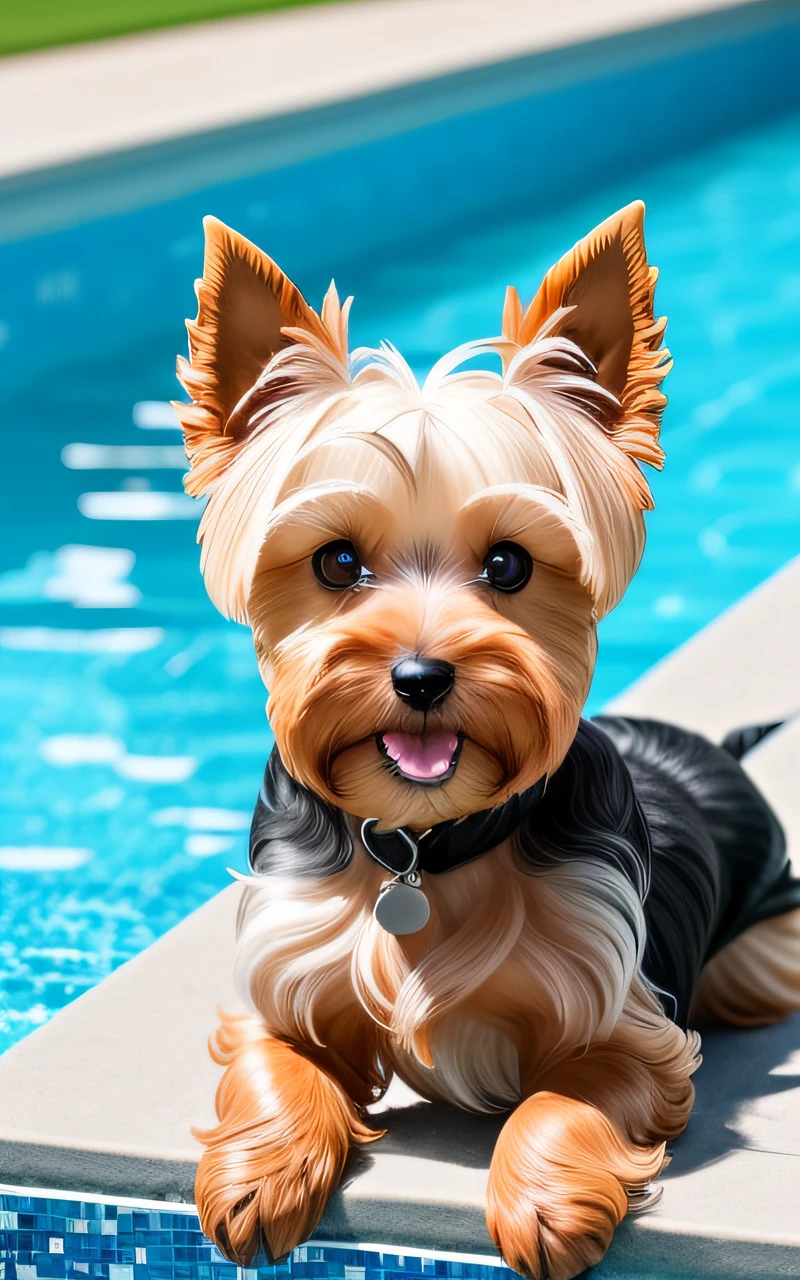 hyper Quality,Cute two Yorkshire Terrier puppies,different body colors,swimming in the pool,smile,black eyes,barking,narrow eyes,smile,eos r3 28mm --auto