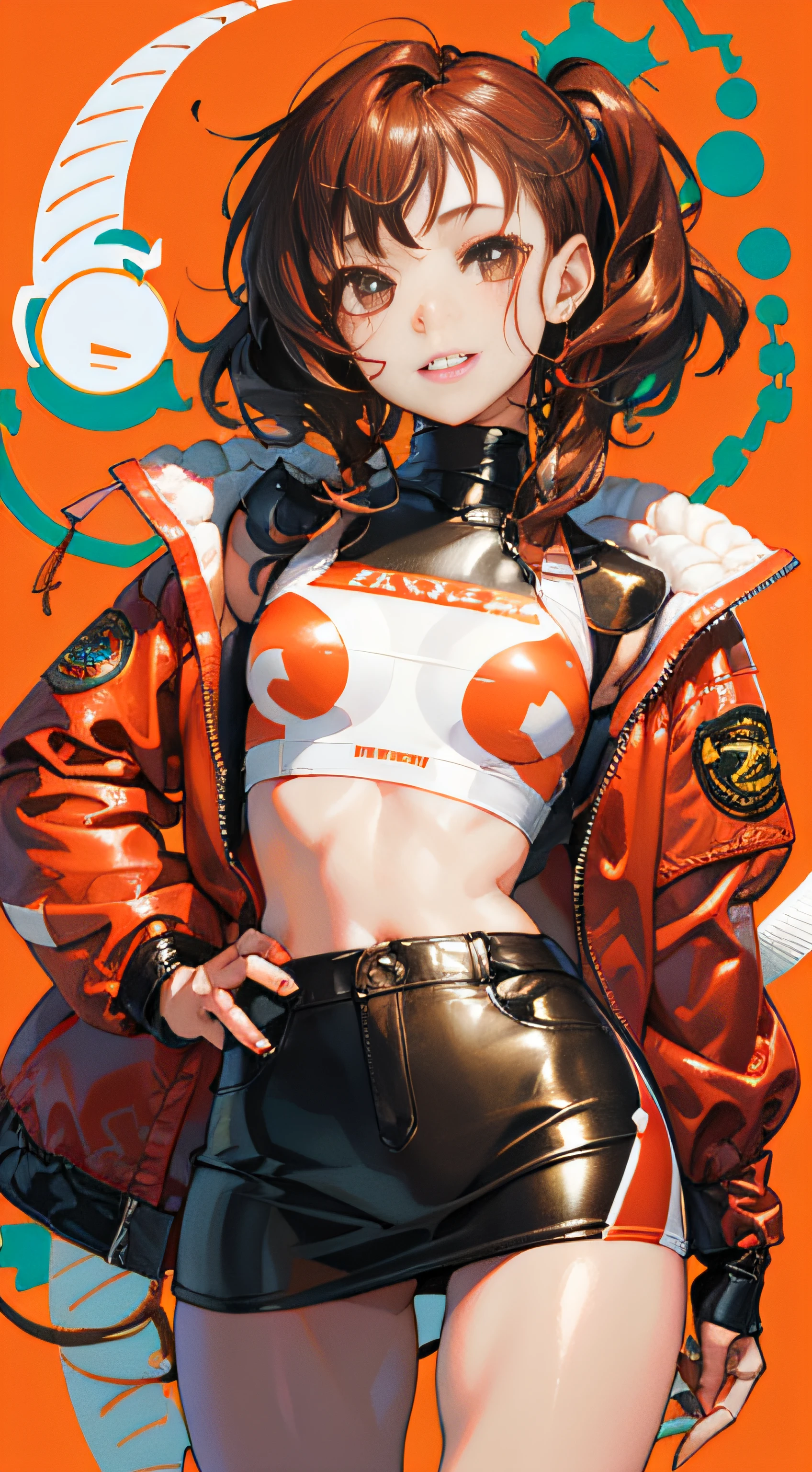 1girl, solo,underwaterbrown hair, brown eyes, parted lips, long sleeves, jacket, simple background, upper body, red background, looking at viewer, teeth, red jacket, lips, cosplay,  full body, smile，motorbike