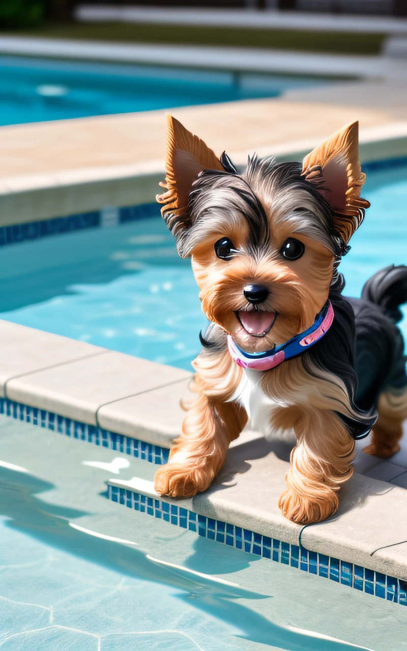 hyper Quality,Cute two Yorkshire Terrier puppies,different body colors,swimming in the pool,smile,black eyes,barking,narrow eyes,smile,eos r3 28mm --auto