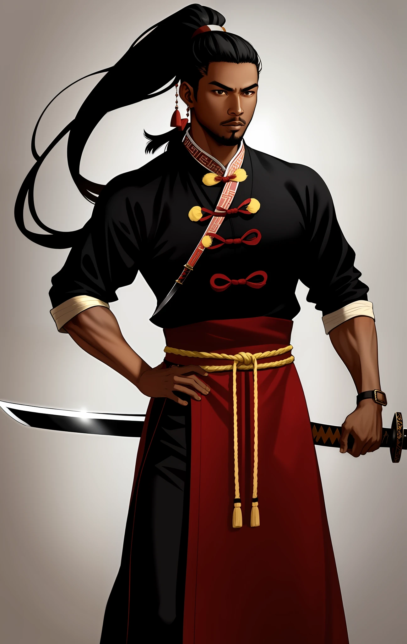 A 35-year-old black man with ponytail-style hair wearing the clothes of ancient Chinese warriors, with a katana sword in his hand
