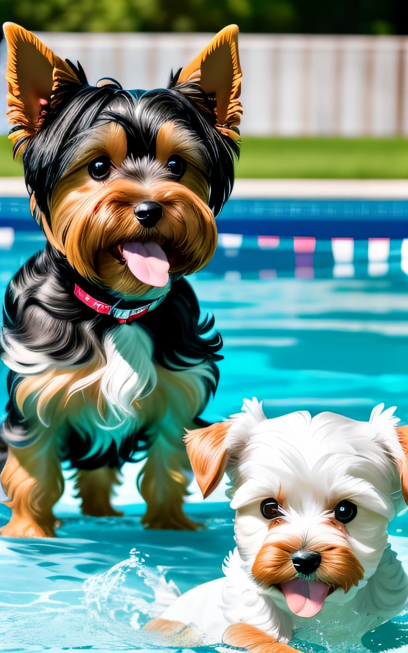 hyper Quality,Cute two Yorkshire Terrier puppies,different body colors,swimming in the pool,smile,black eyes,barking,narrow eyes,smile,eos r3 28mm --auto