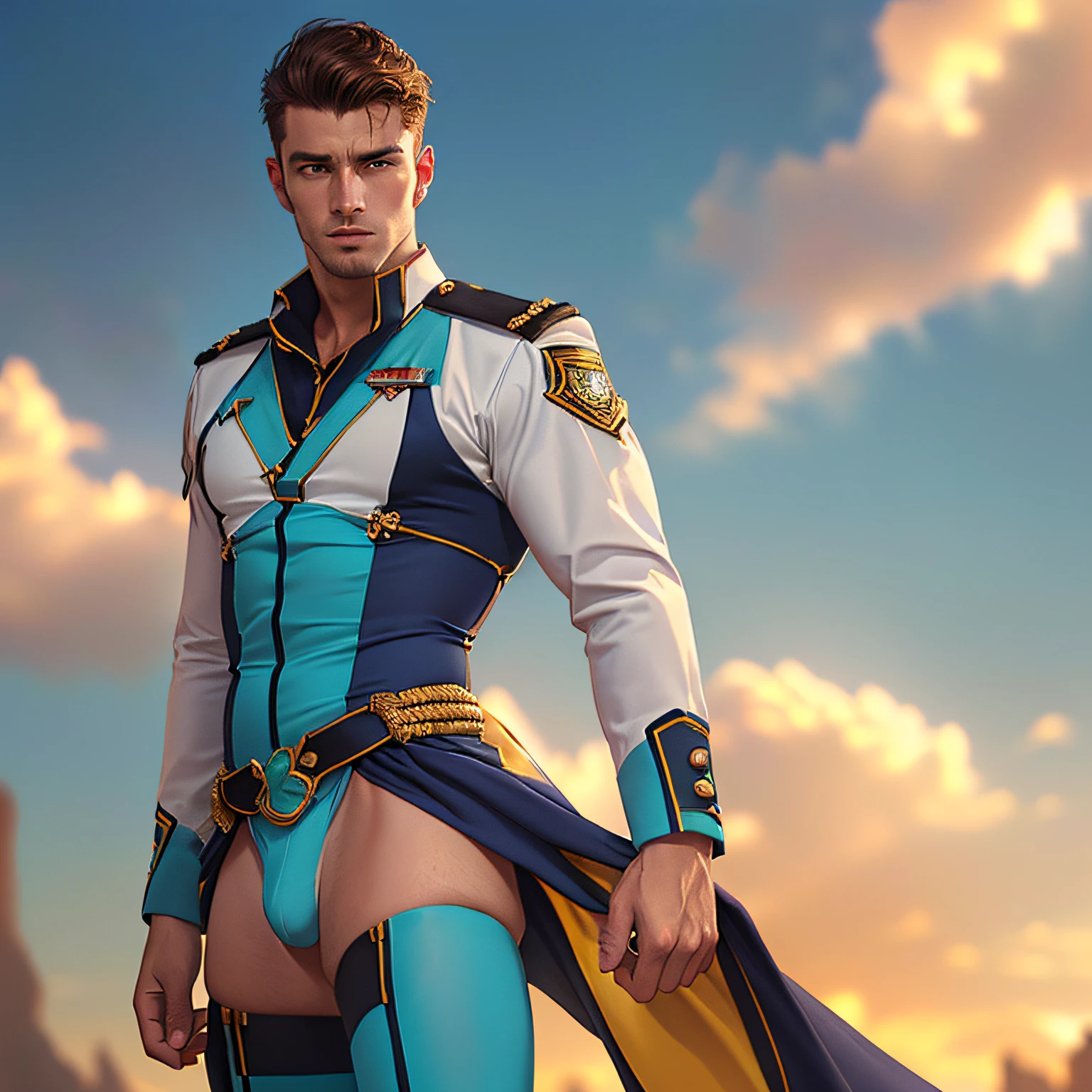 a photorealistic image of a young muscular bald handsome man from the future wearing transparent skintight turquoise and white space captain's uniform including a decorative jockstrap, dynamic pose