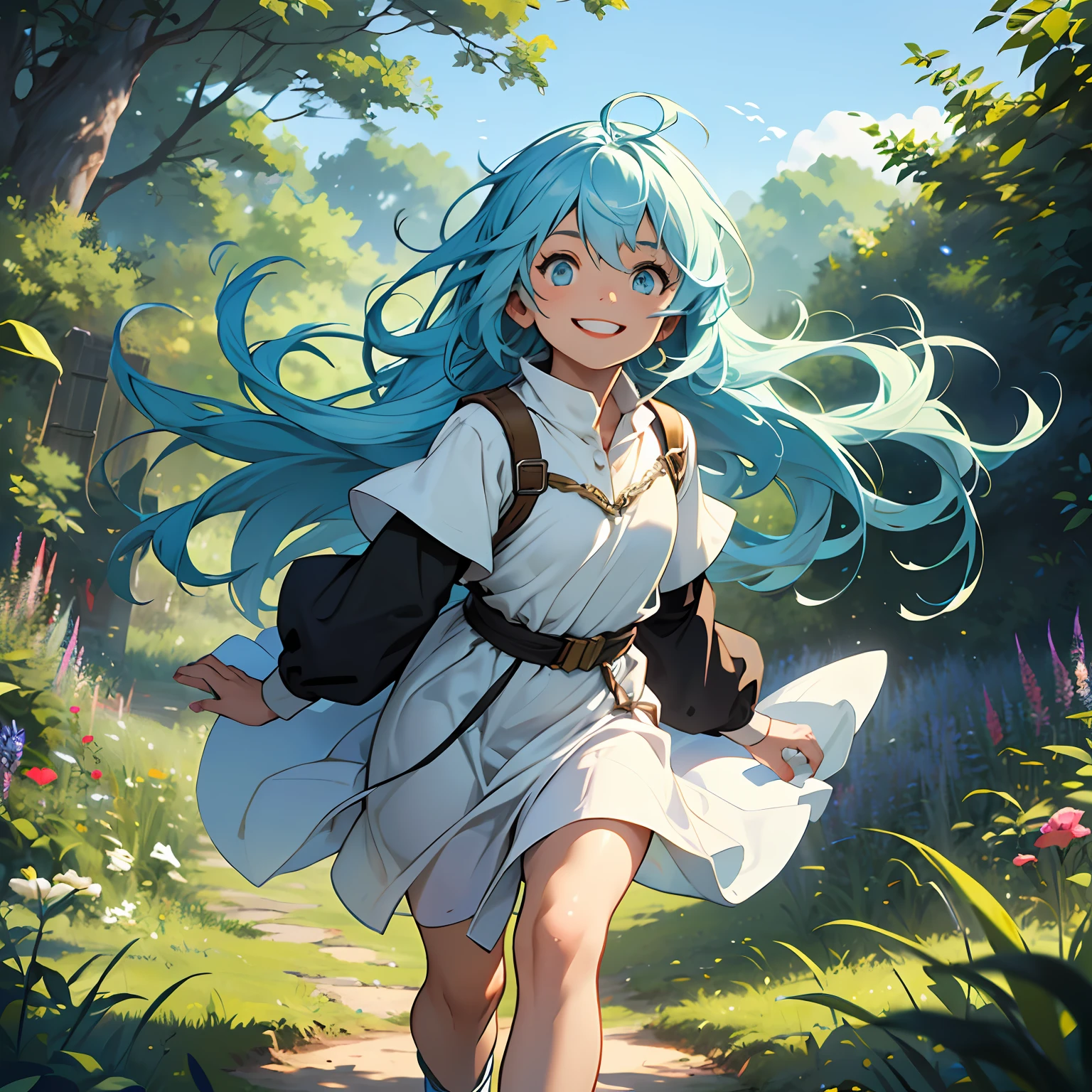 "(A running in a verdant field with a radiant smile and hair in the wind) long blue hair, light eyes, clothes that match blue+life-size|nature|vibrant colors"