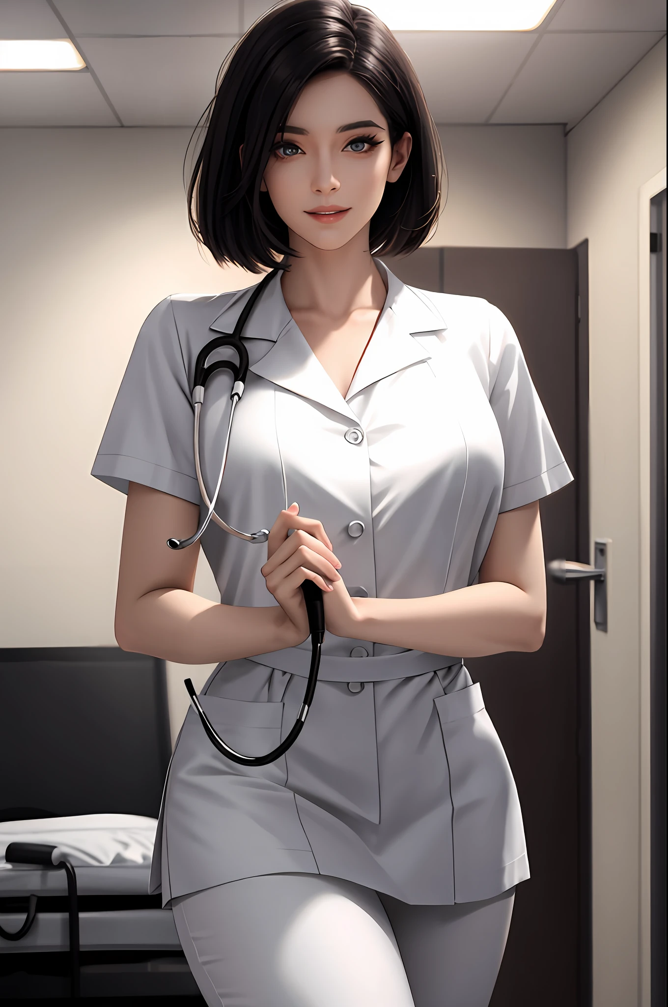 masterpiece, top quality, high quality, high resolution, high quality textures, high quality shadows, high detail, realistic, cinematic lights, side lights, lens flares, ray tracing, sharp focus, beautiful adult woman with black hair, one woman, elegant, tall, semi-long bob cut, nurse, hospital, wearing white nursing uniform, white uniform, A stethoscope is worn from the neck. Standing, wearing white nursing pants. Manly. slim thighs, small breasts, slim, long eyelashes, mature, white sneakers, smile, beauty,