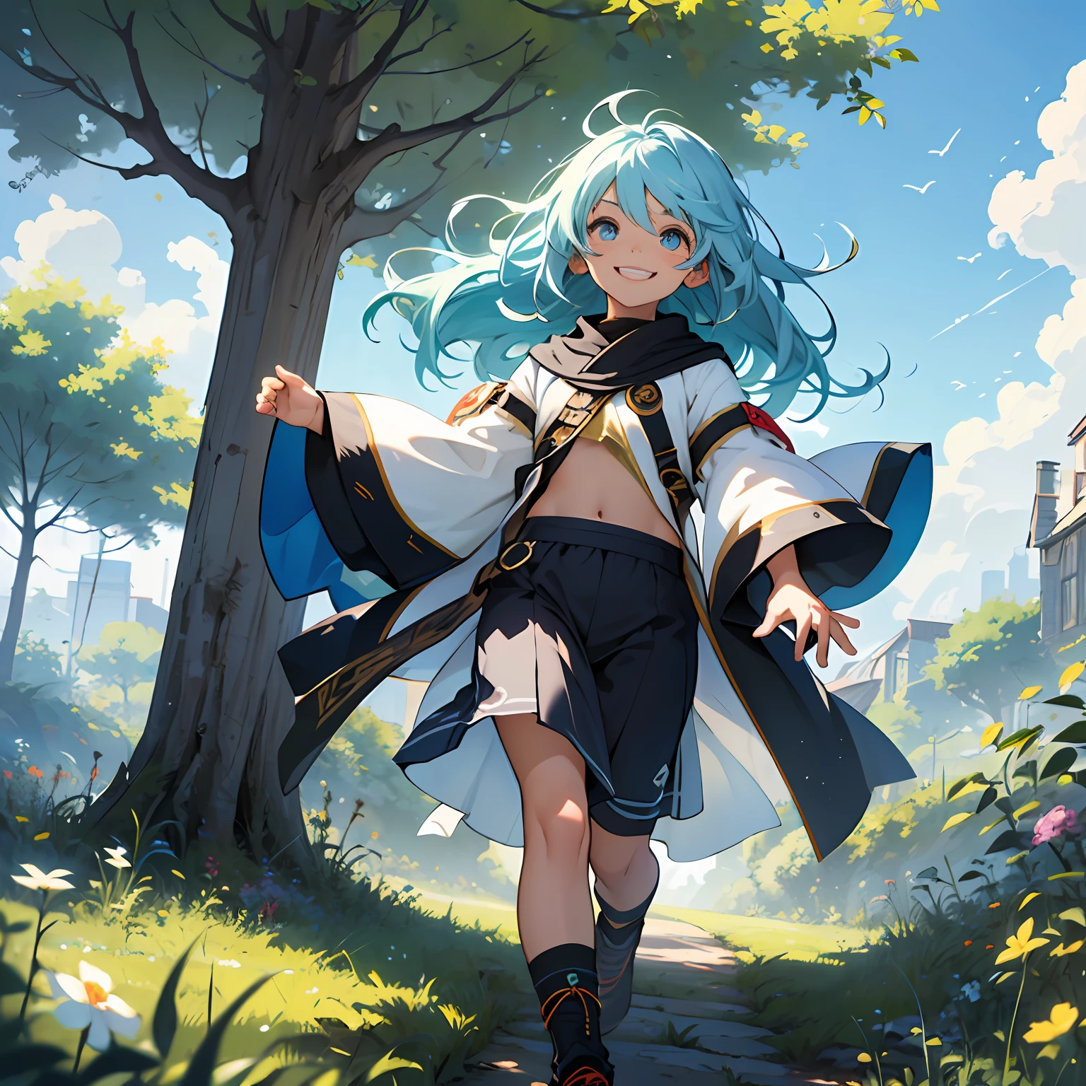 "(A child running in a verdant field with a radiant smile and hair in the wind) long blue hair, light eyes, clothes that match blue+life-size|nature|vibrant colors"