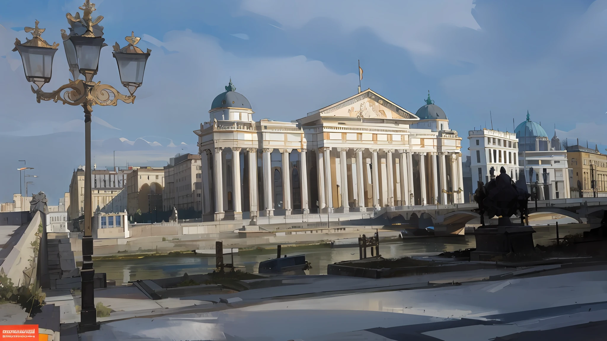 there is a bridge that has a building on it, on a great neoclassical square, neo classical architecture, monumental giant palace, neoclassical architecture, stalinist architecture, neoclassicism style, neo - classical style, surrounding the city, in a city with a rich history, inspired by Antonín Chittussi, building along a river, parliament, madrid