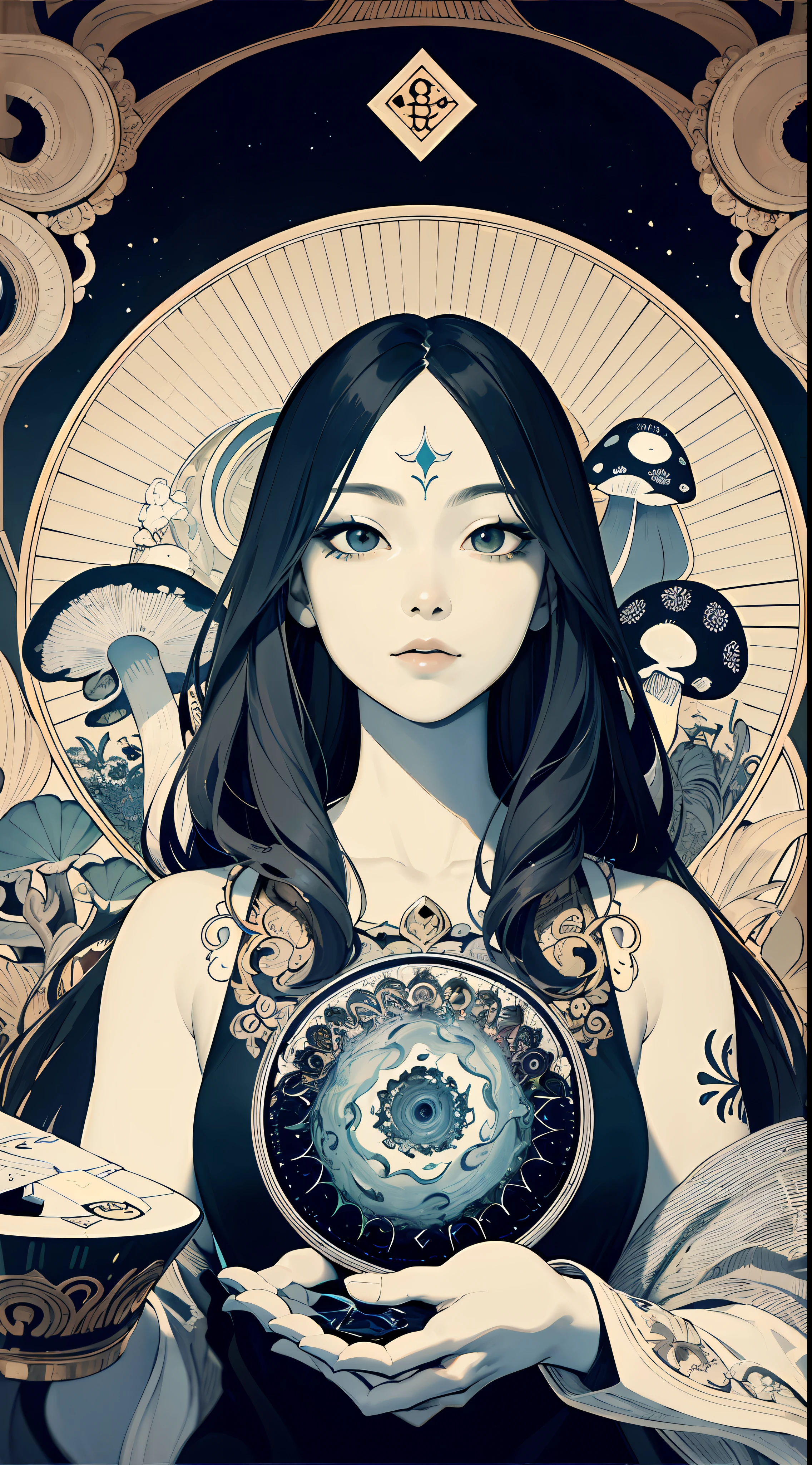 (Masterpiece, Best Quality, Highres:1.4), Detailed, Intricate Details, 4K,
color splashes, line art, art, fibonacci, Asian girl, mushroom, psychedelic art, beautiful charming face,dmt details, trippy, tarot card style, show full objects