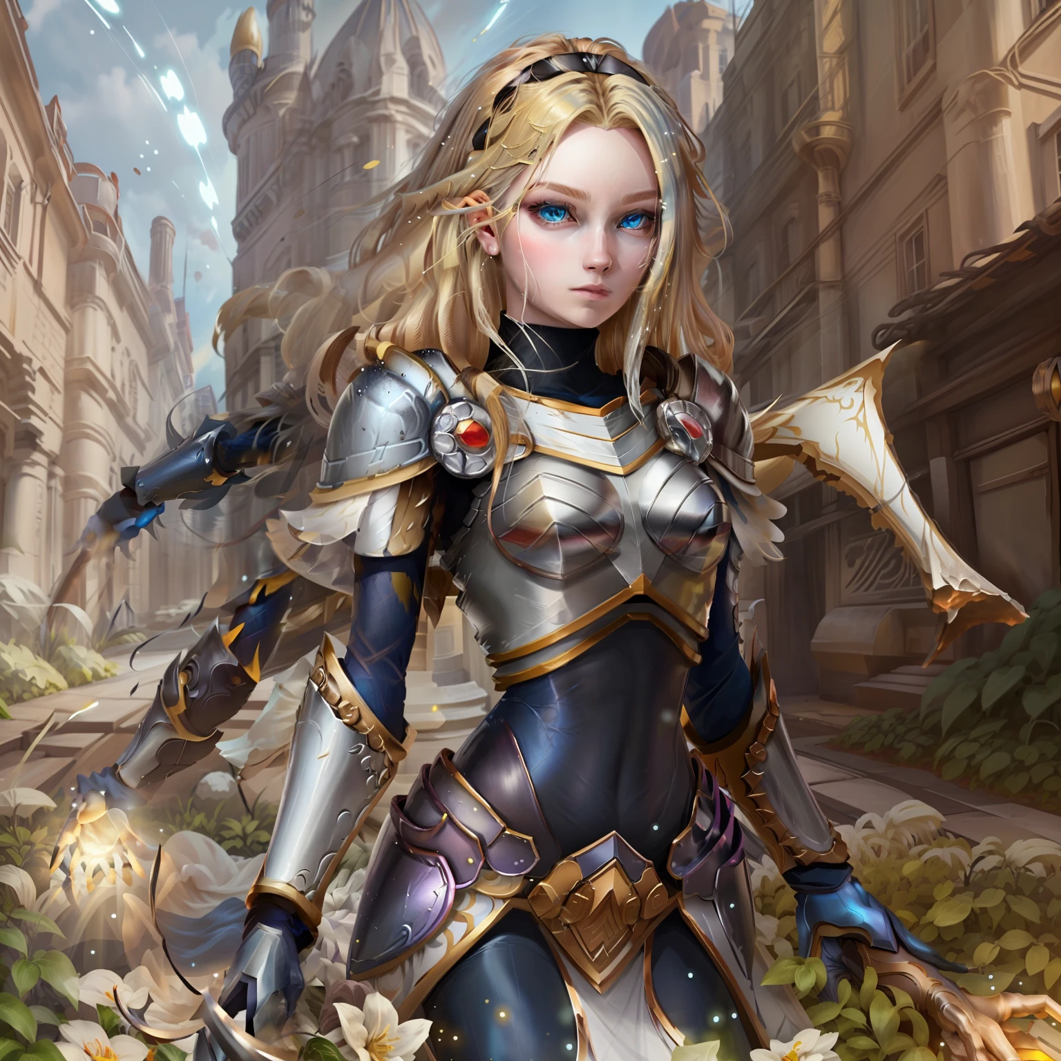 more vivid colors, best quality, anime style, high quality colors, shiny armor silver, blue eyes, straight yellow blonde hair, black silk ribbon in hair, lux splash art, professional colors