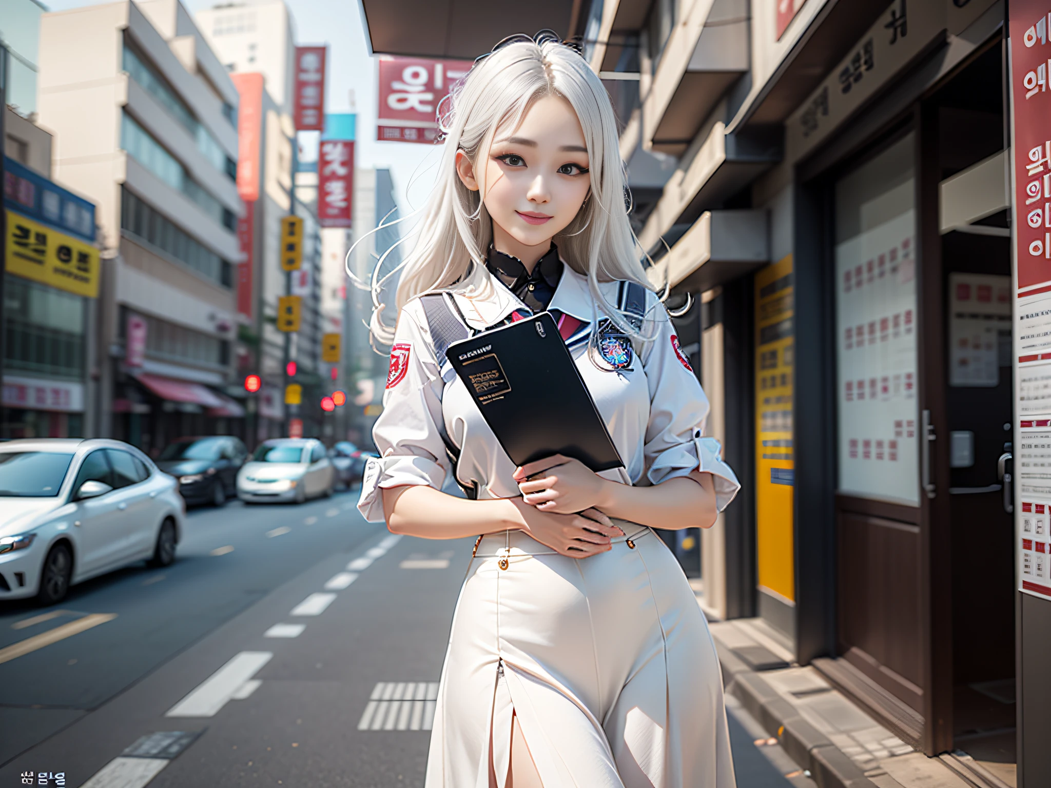 masterpiece, ultra high quality, ultra high definition, 8K, totally realistic, Korean girl, extremely beautiful, alone, full body, silver white hair, highly detailed face, fully detailed eyes, perfect eyes, perfect features, very beautiful body, perfect body, cheerful smile, wearing micro school uniform, natural lighting, Seoul streets