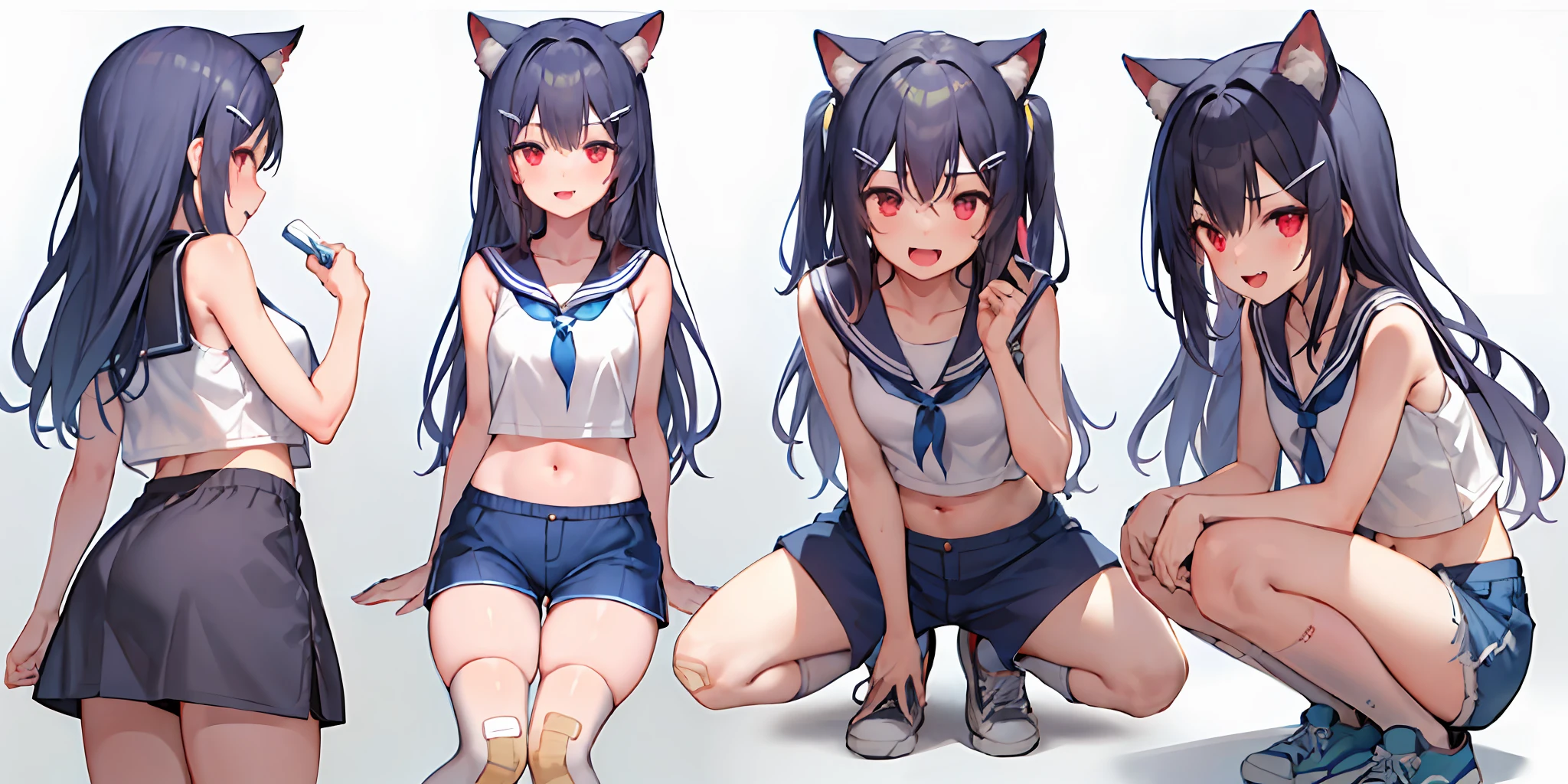 1girl, :d, bandaid, bandaid_on_knee, bangs, bare_shoulders, blue_hair, blue_sailor_collar, blue_shorts, blush, white pink cat ears, collarbone, crop_top, fang, hairclip, kneehighs, long_hair, midriff, navel, one_side_up, open_mouth, red_eyes, sailor_collar, shirt, shoes, shorts, sleeveless, sleeveless_shirt, small_breasts, smile, sneakers, socks, solo, standing, sweatband, two_side_up, white_legwear, white_shirt, (white_background:1.6)multiple views,full_body