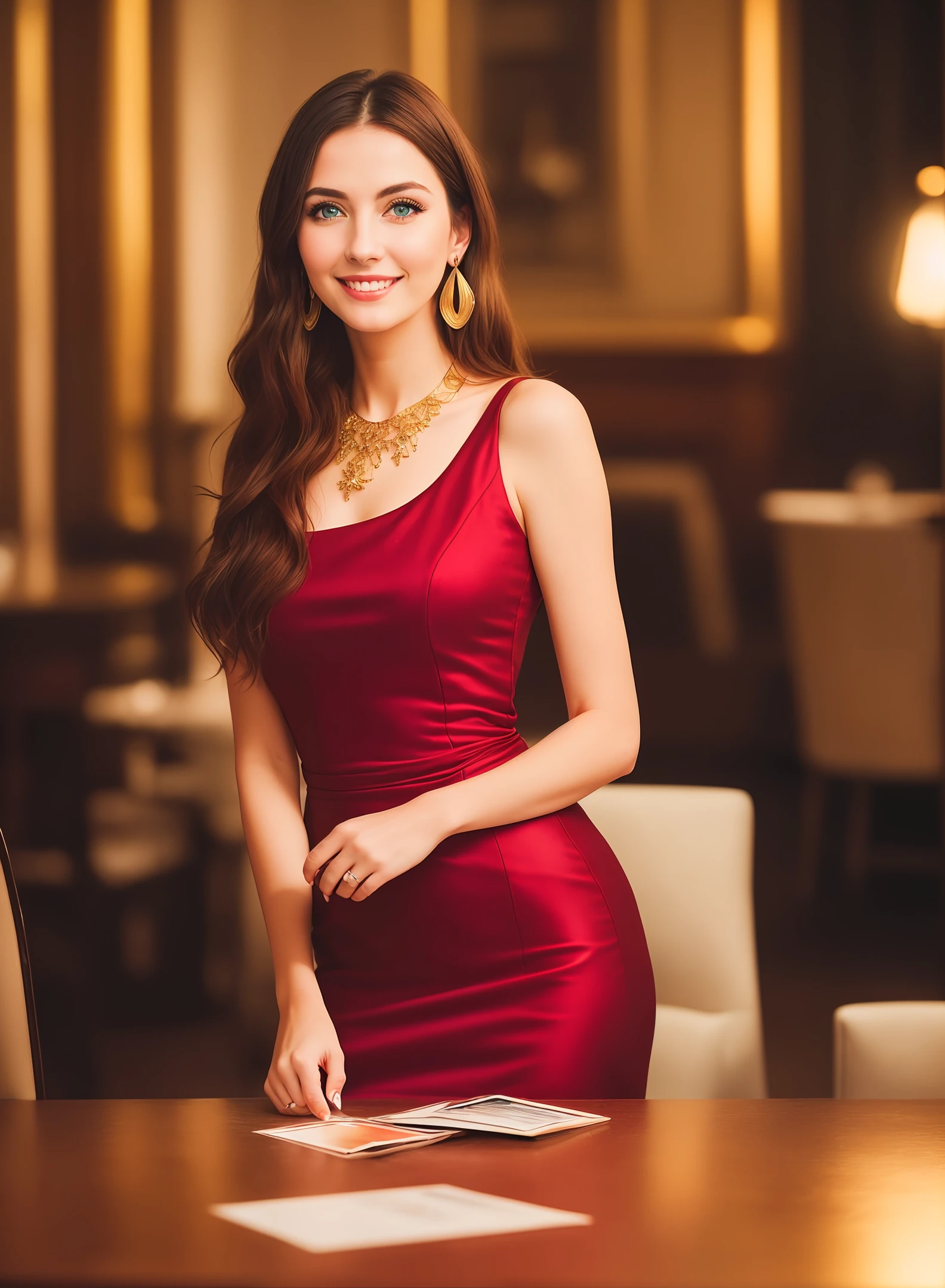 Caucasian woman 30 years (face with French, British, German features), long blonde hair, turquoise blue eyes, proportional body, sparkling red dress marsala golden earrings gold necklace, looking unpretentiously at the viewer, best quality, ultra-realistic photo HD 8k detailed, sitting at the table of the Ritz in New York at night, rain, best smile, cinematic light, natural lighting, ultra high resolution, best shadow, close-up