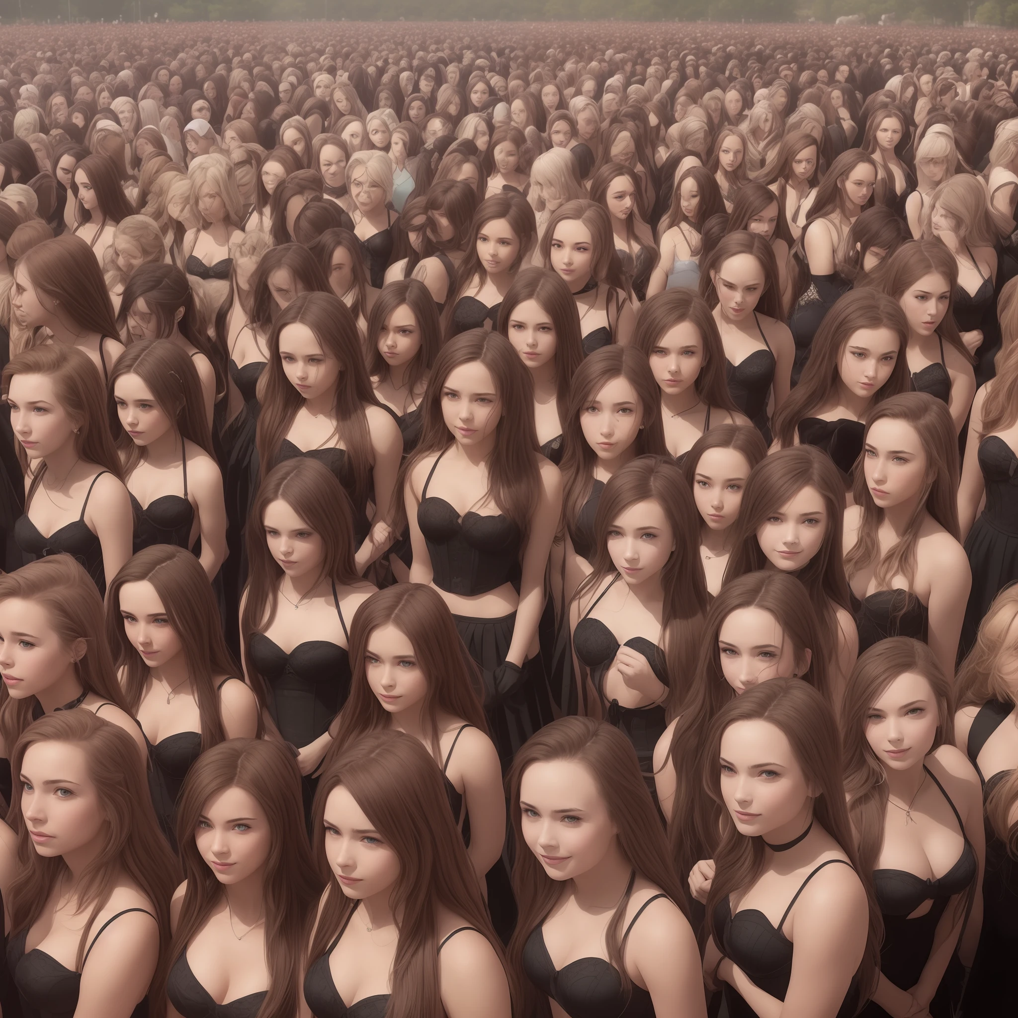 {{{{many clones}}}}, {{{{{Thousands of,crowd of}}}}},{{The same face,same appearance}}, {{{{brown long hair}}}}, {{{{pink bustier}}}}, smile