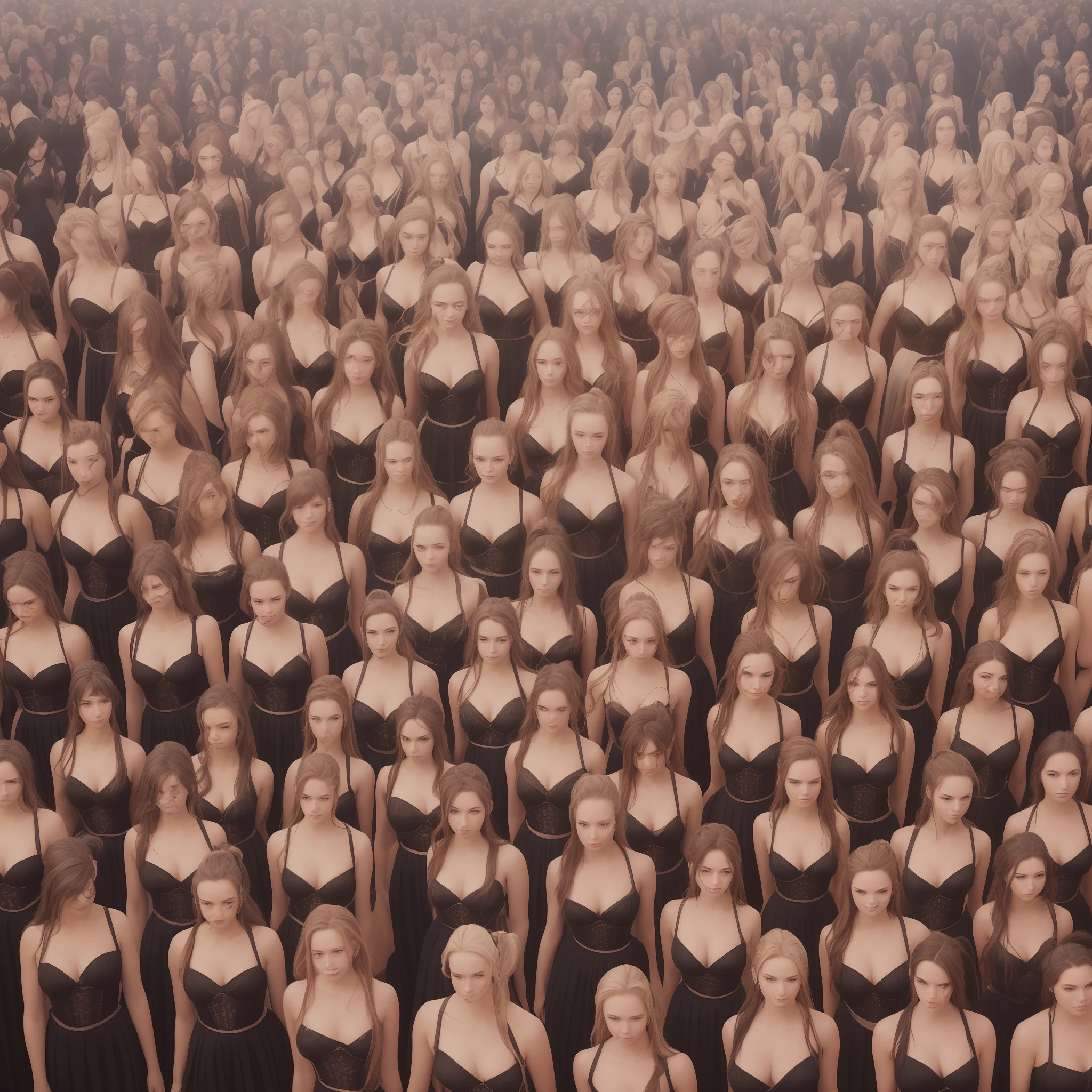 {{{{many clones}}}}, {{{{{Thousands of,crowd of}}}}},{{The same face,same appearance}}, {{{{brown long hair}}}}, {{{{pink bustier}}}}, smile
