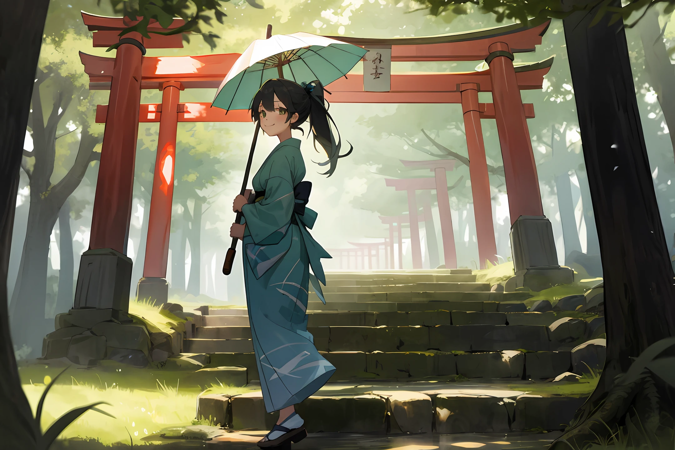 Cute girl, no art lines, in front of the torii, under the green tree, backlight, moss stone steps, holding a paper umbrella, wearing a light blue kimono, tied in a ponytail, smiling and looking up at the sky
