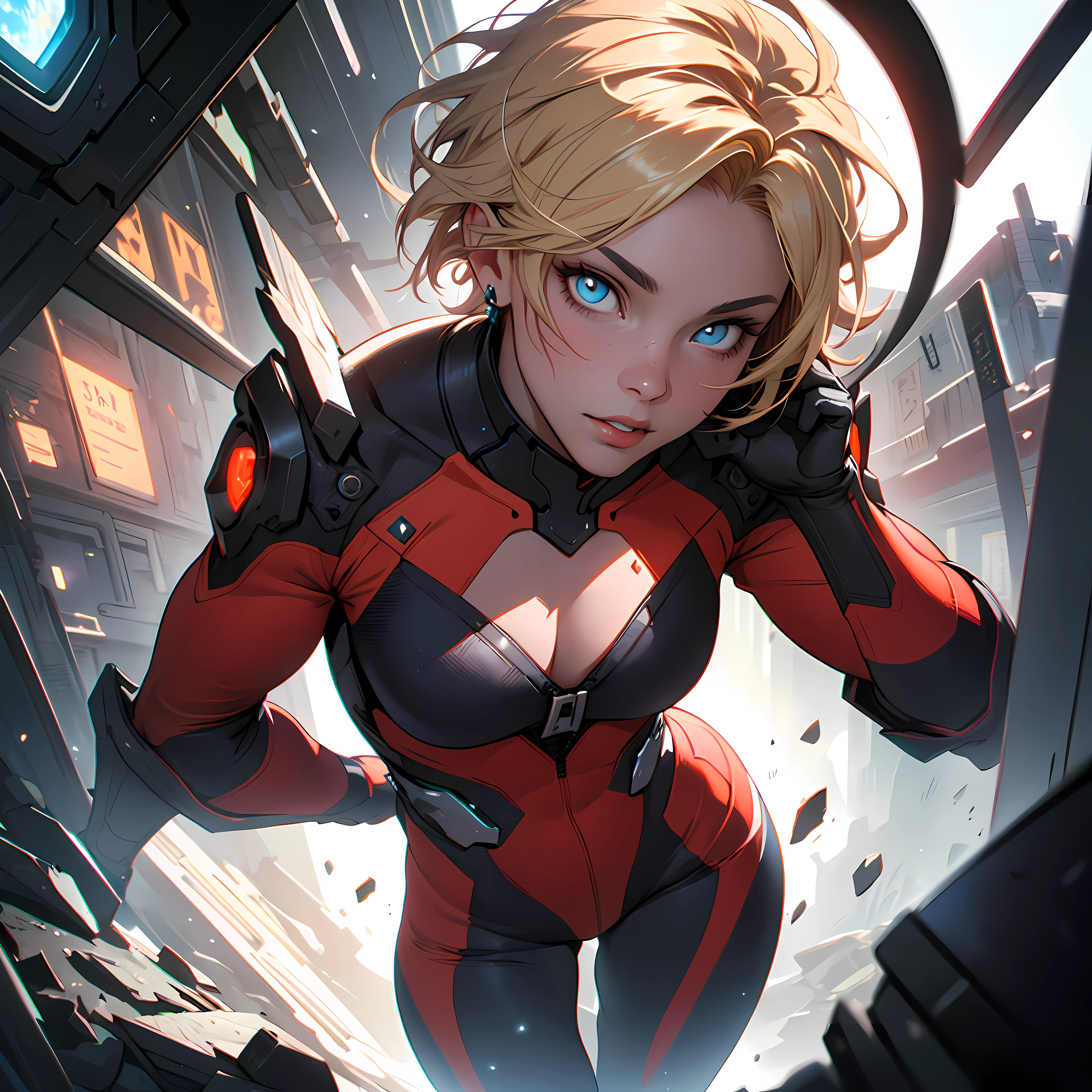 Highly detailed RAW color photo, beautiful young woman, short blonde hair, dynamic pose, (wide hips), (detailed skin), (detailed lips), (detailed eyes), (cosmic: 1.4), (necropolis: 1.1), (science fiction setting) (detailed face), (curvy), red clothing, detailed eyes, chromatic aberration, depth of field, soft lighting, masterpiece, best quality, intricate, (lens reflection: 0.7), (flowering: 0.7), particle effects, ray tracing, tone mapping, highly detailed, concept art, smooth, sharp focus, dramatic lighting, highly detailed art, cinematic, hyper-realistic painting, trending on Artstation, 8K, amazing shadows, realistic, (highly detailed background: 1.2), mid-journey art