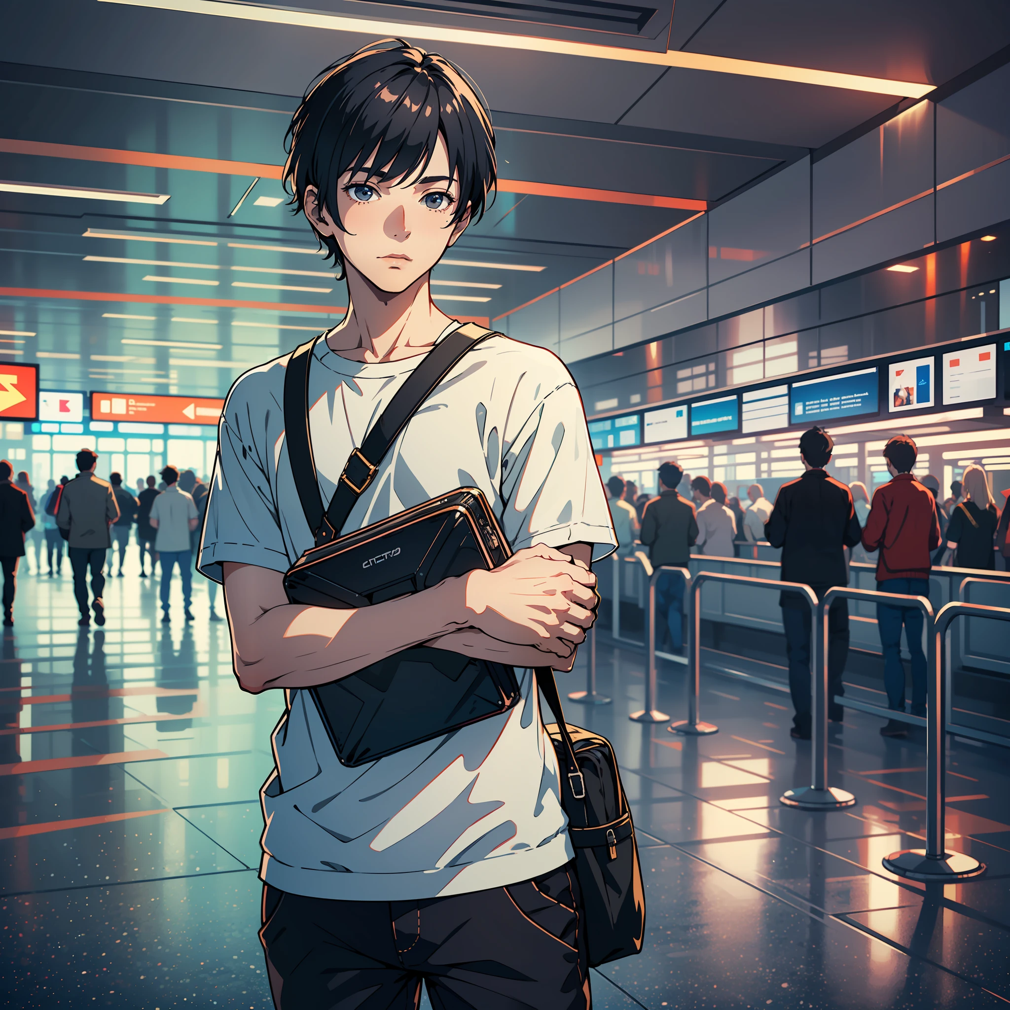 Masterpiece, best quality, (very detailed CG unity 8k wallpaper), (best quality), (best illustration), airport, a young man hugging computer tightly in his arms, casual clothes, short black hair