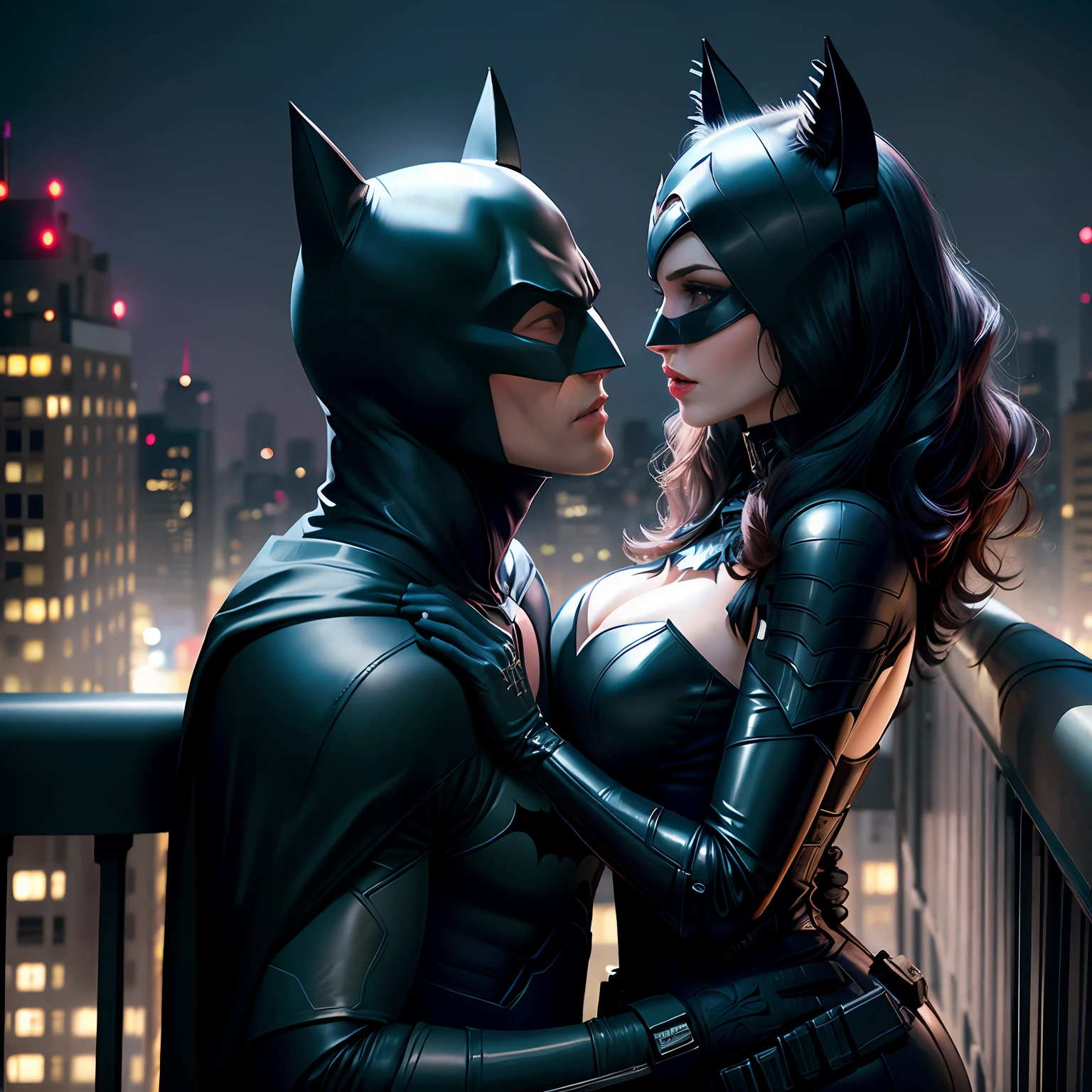 I want Batman and Catwoman on top of a building kissing. --auto