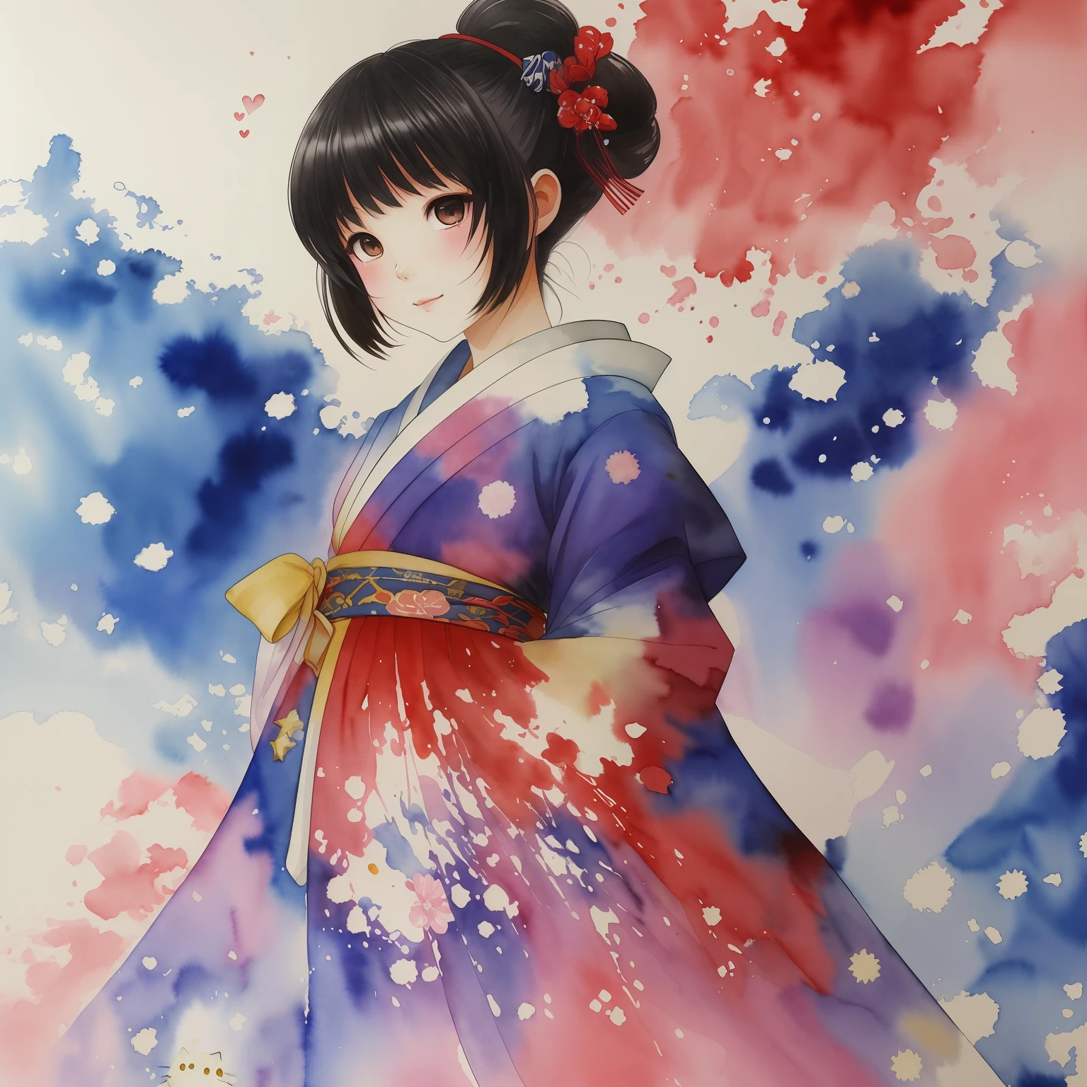 watercolor, soft edges, color gradations, luminous, water pigment, Pierre-Joseph Redouté, Thomas Moran, JMW Turne, hello kitty geisha japonese, chibi style --auto