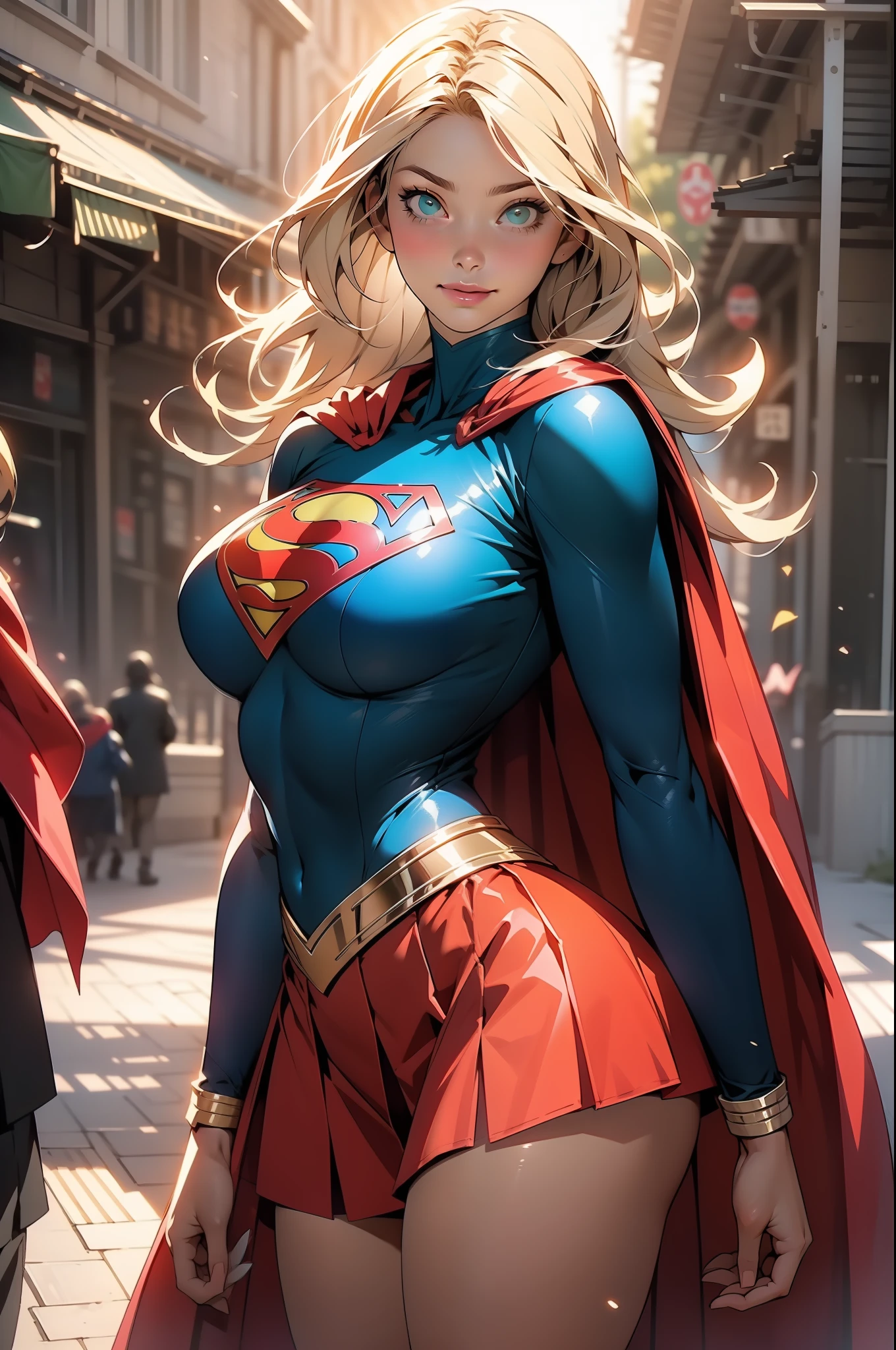 nsfw: 1.5, masterpiece, best quality, high quality, high definition, high quality textures, high quality shadows, high definition, beautiful detail, highly detailed CG, detailed textures, realistic representation of faces, realistic, colorful, delicate , cinematic lights, side lights, lens flares, ray tracing, sharp focus, supergirl, ((best quality, masterpiece, absurd, 8k)), 1 girl, solo, 21 years old,Supergirl(Helen Slater), huge breasts, huge breasts, long hair down to her hips, long hair,low hair, voluminous hair, white skin tone, green eyes, sparkling expressive eyes, huge breasts, she is supergirl, Supergirl cosplay , japanese sailor school uniform female cosplay Supergirl, costume female school,stocking 7/8 ,superman suit, blushing, embarrassed expression, shy smile, building terrace, daytime, pretty, young woman, hands behind) (1girl, __focus__:1.3), (intricate details, makeup , PureErosFace_V1:0.5), (delicate beautiful face with details, Delicate eyes beautiful in details, perfect face proportions, dense skin, ideal proportion of four fingers and one thumb, arms under the chest, huge breasts, miniskirt,upskirt,wide hips, flat upper abdomen , thin, dressed, blonde: 1.3), bed, no hands
