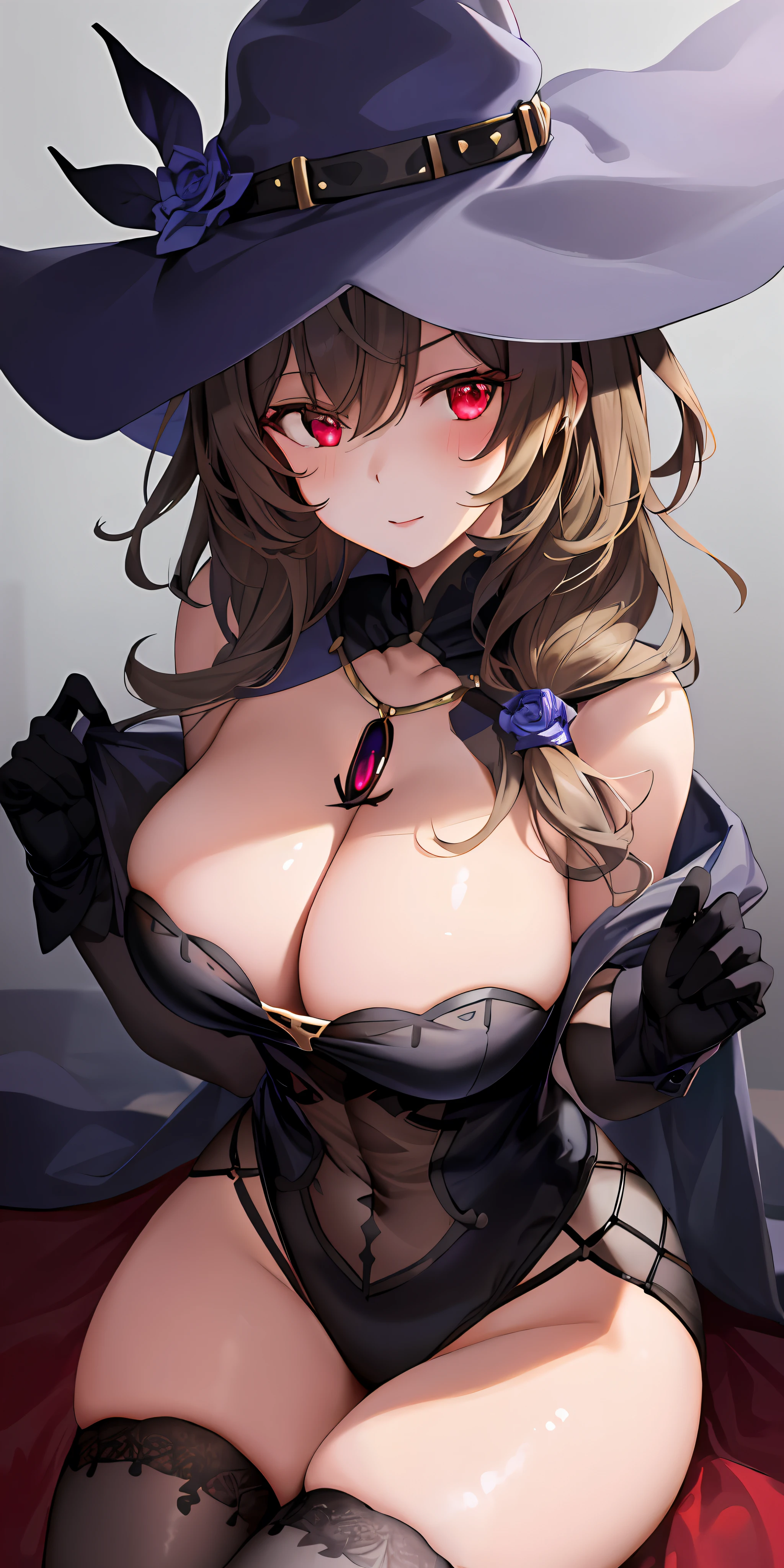 1girl, solo, large breasts, cleavage, thighs, (glowing red eyes), evil face, (black hat, black full bodysuit)