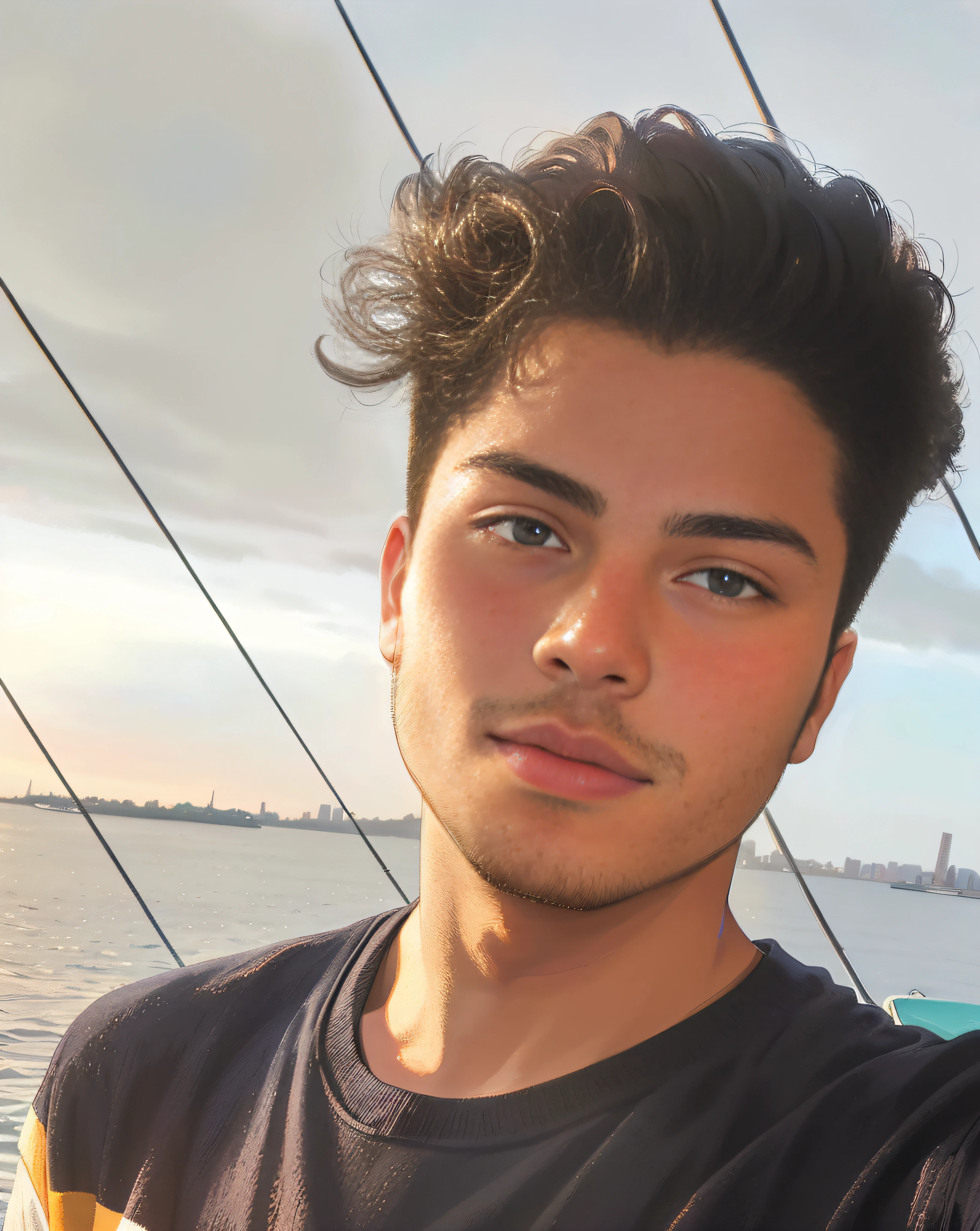 22 year old man on a sailboat, male, head shot profile picture, Diamond shape face, Long hair, taken in the early 2022, during sunset,(highres, ultra detailed, HDR), masterpiece, best quality, 1boy, handsome, short hair, finely eye and detailed face, forehead, selfie shot, (4k).