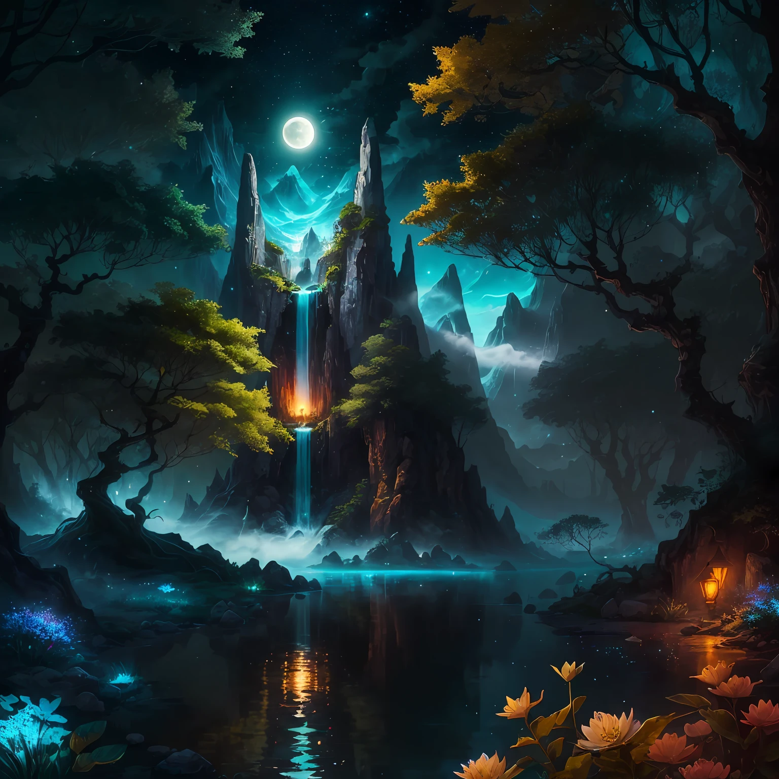 best quality, masterpiece, extremely detailed, finely detailed, extremely detailed, ultra detailed, beautiful detailed, extremely detailed, iridescent green, (best shade: 1.1), ultra high res, (realistic: 1.1), highly detailed, gold, jewelry, outdoor nature, mountains, waterfalls of luminescent waters with colorful fish (turquoise blue waters), (luminous blue splash), exotic trees, (fantasy forest) leaves, moon, night, ((exotic flowers)), (glitter) and beautiful, fantasy, mist: 1.1, highres