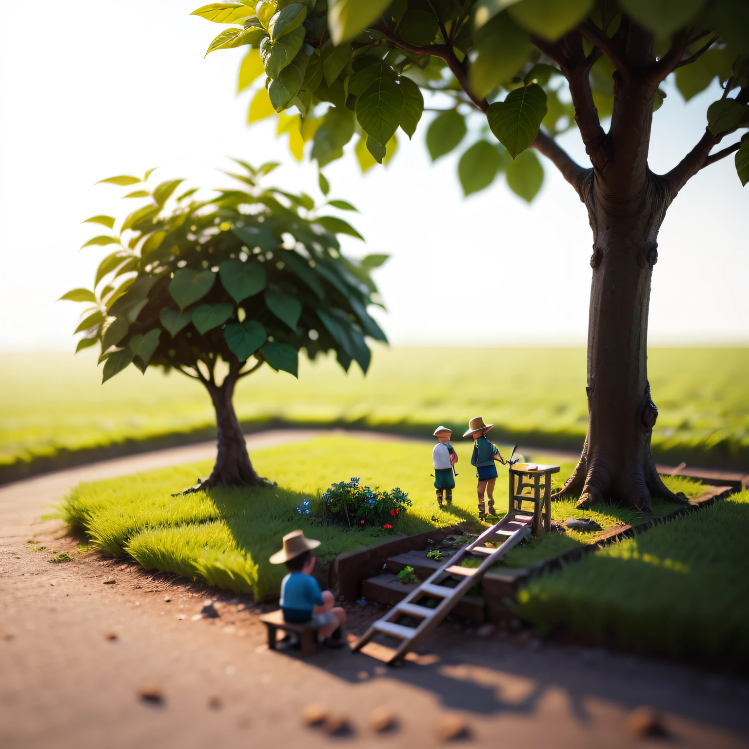 tiny little people is picking tomato under the tomato tree with a ladder, flowers and grass on the ground, natural light, miniature, blur background, clear details, tilt-shift, macro photography, isometric, 3d --auto