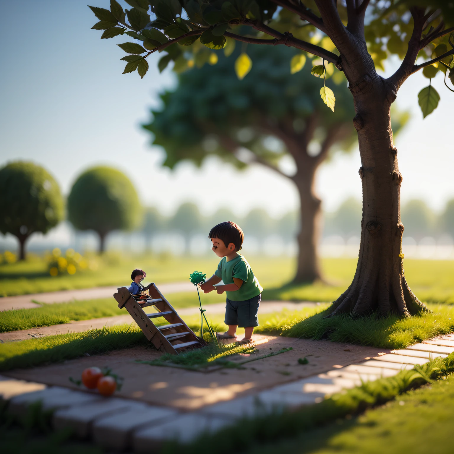 tiny little people is picking tomato under the tomato tree with a ladder, flowers and grass on the ground, natural light, miniature, blur background, clear details, tilt-shift, macro photography, isometric, 3d --auto