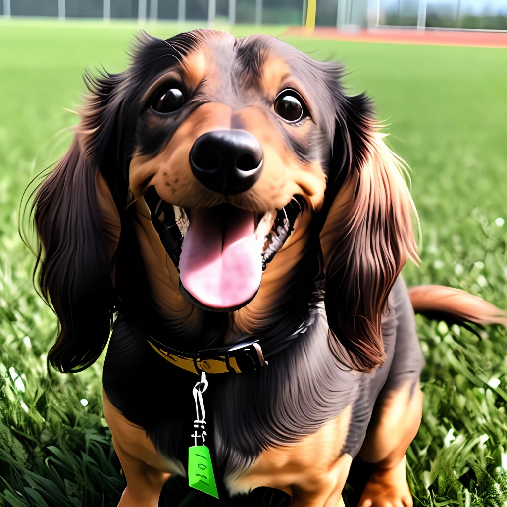 Long fur dachshund, (((Masterpiece, 8K, highest precision,))) Black tan, black: 1.5 and brown: 0.3, (((Long fur, long wavy fur)) long fluffy hair, (Short legs,))) mouth open, tongue out, heavy breathing, laughing face, on the grass of the sports park, strong sunlight, sun,