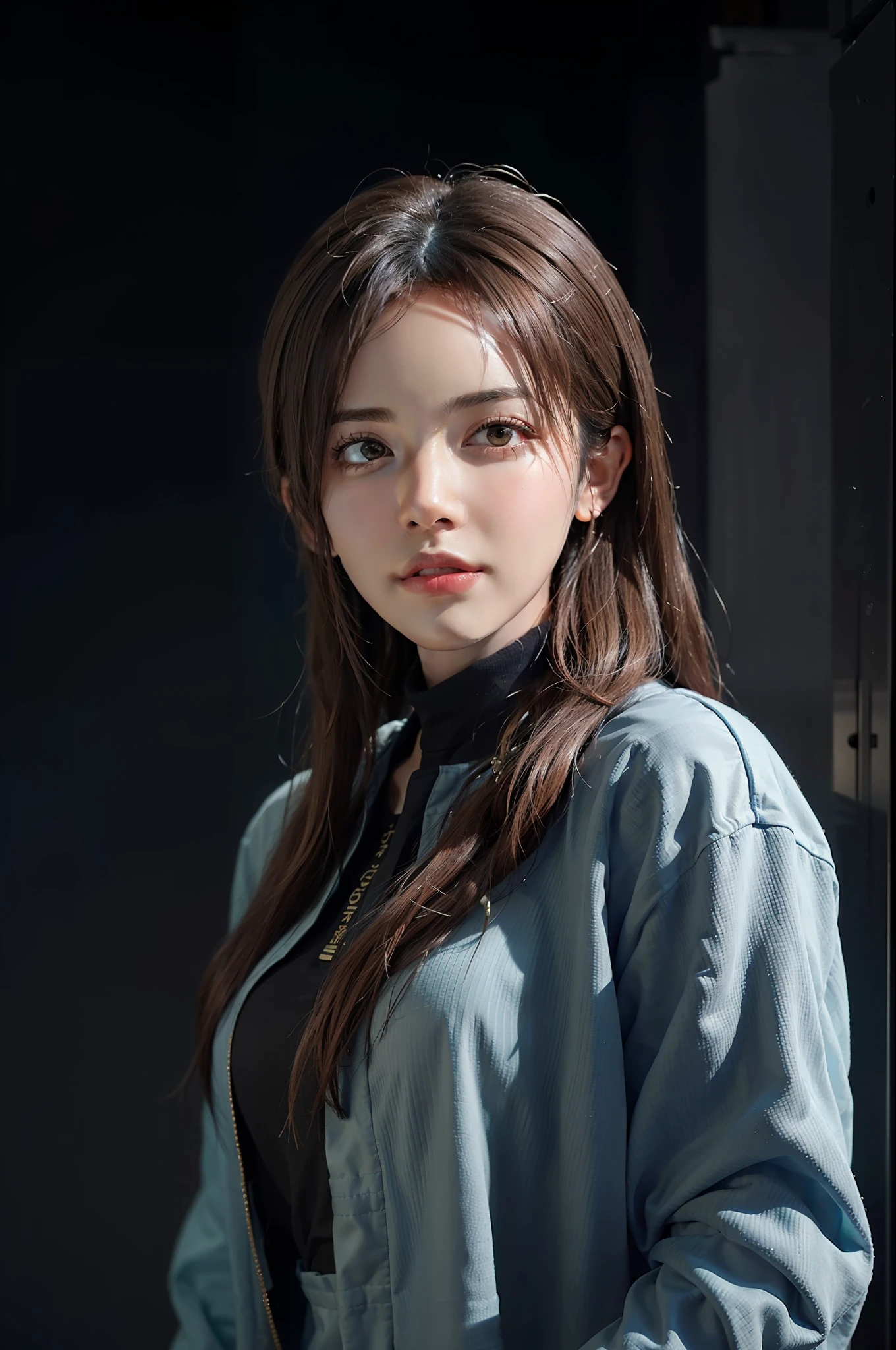 Hyperrealist portrait of female by david hockney and alphonse mucha,fantasy art, photo realistic, dynamic lighting, artstation, poster, volumetric lighting, very detailed faces, 4 k, award winning,, 1girl, in the dark, deep shadow, low key,cowboy shot,(official clothing:1.4) ,long hair,white hair,
