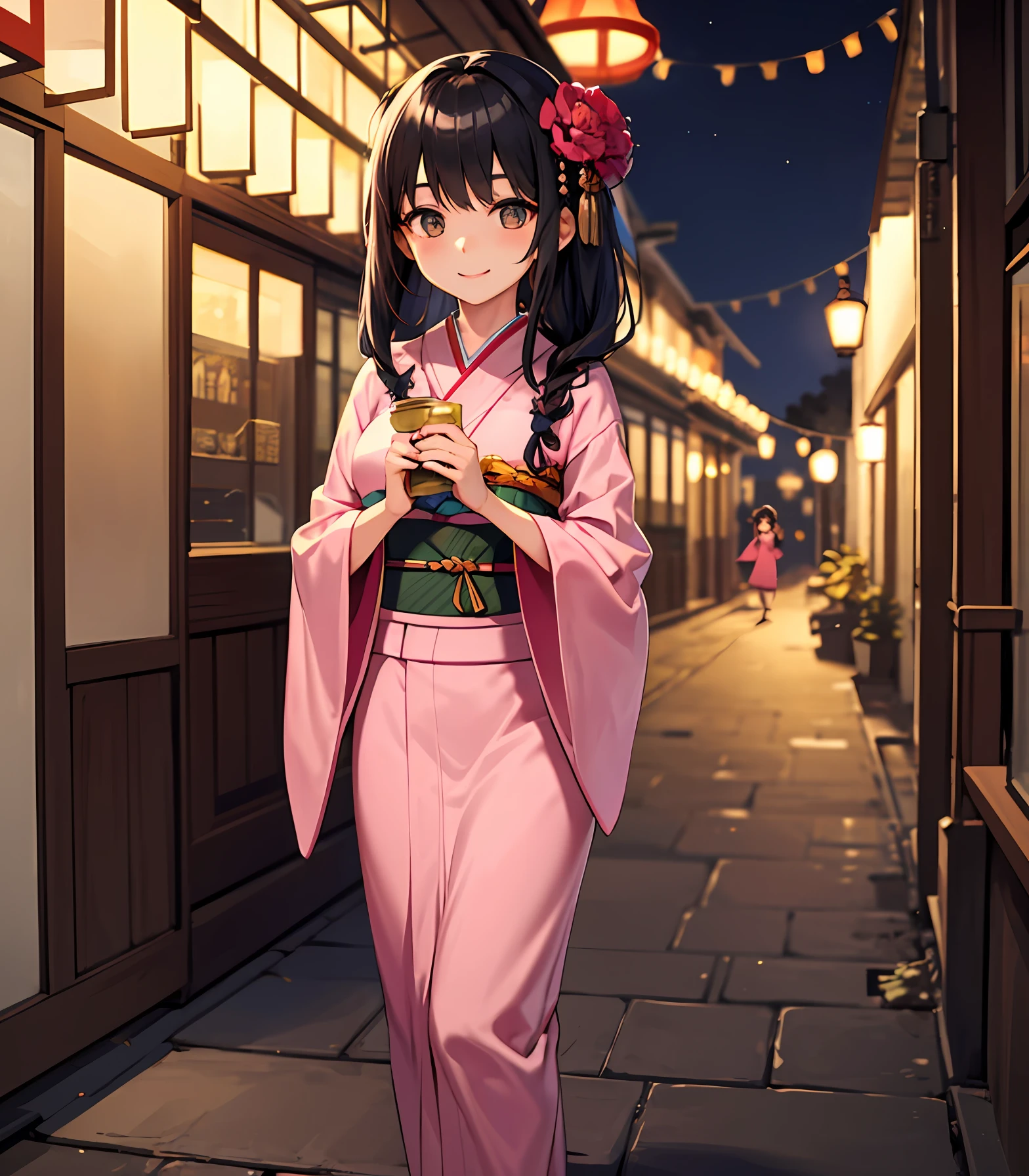 A young girl dressed in a pink kimono is smiling happily in the spacious streets of the night, holding a lantern in her left hand and a sugar gourd in her right hand