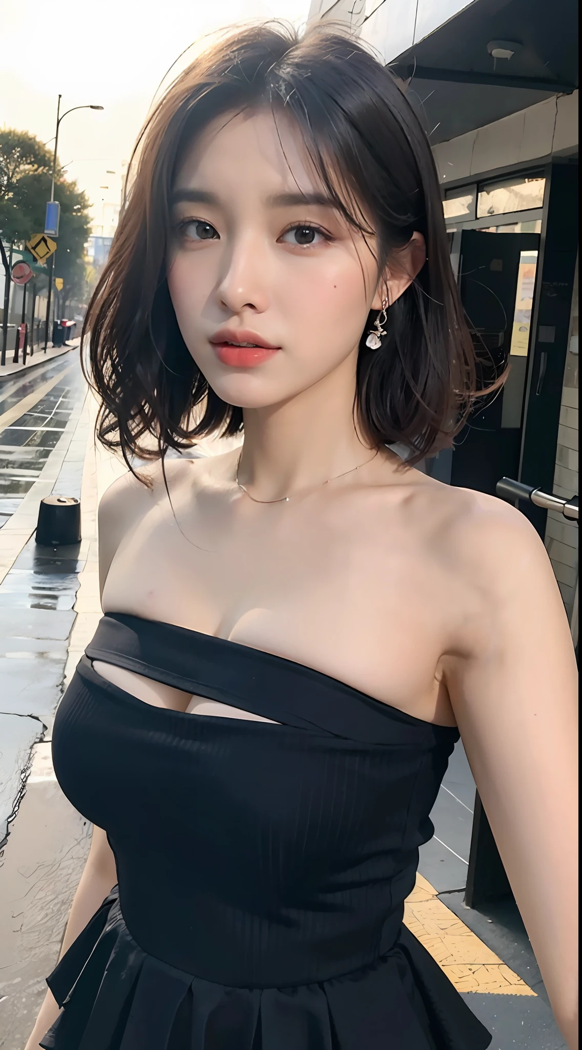 ((Best Quality, 8K, Masterpiece: 1.3)), Focus: 1.2, Perfect Beautiful Body: 1.4, Hips: 1.2, ((Cut Hair Layered, Huge: 1.2)), (Rain, Street: 1.3), Bandeau Dress: 1.1, Highly Detailed Face and Skin Texture, Detailed Eyes, Double Eyelids, Whitening Skin, Long Hair,