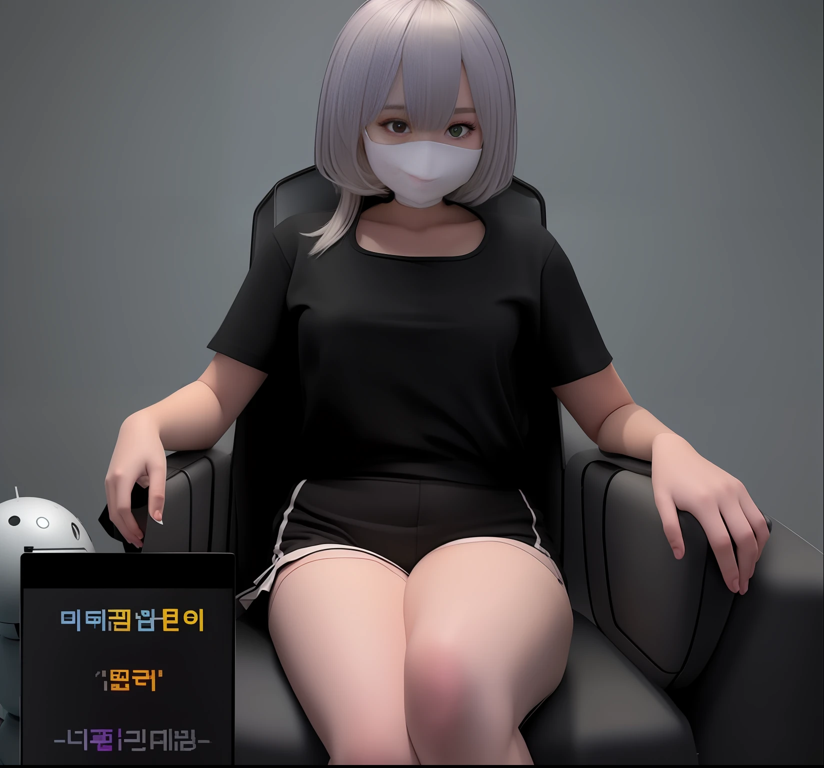arafed image of a woman sitting in a chair with a black shirt, the robot wearing her human mask, thicc, perfect android girl, humachine humanized experiment, fully robotic!! girl, live2d virtual youtuber model, bbwchan, 165 cm tall, sakimichan, e - girl, e-girl