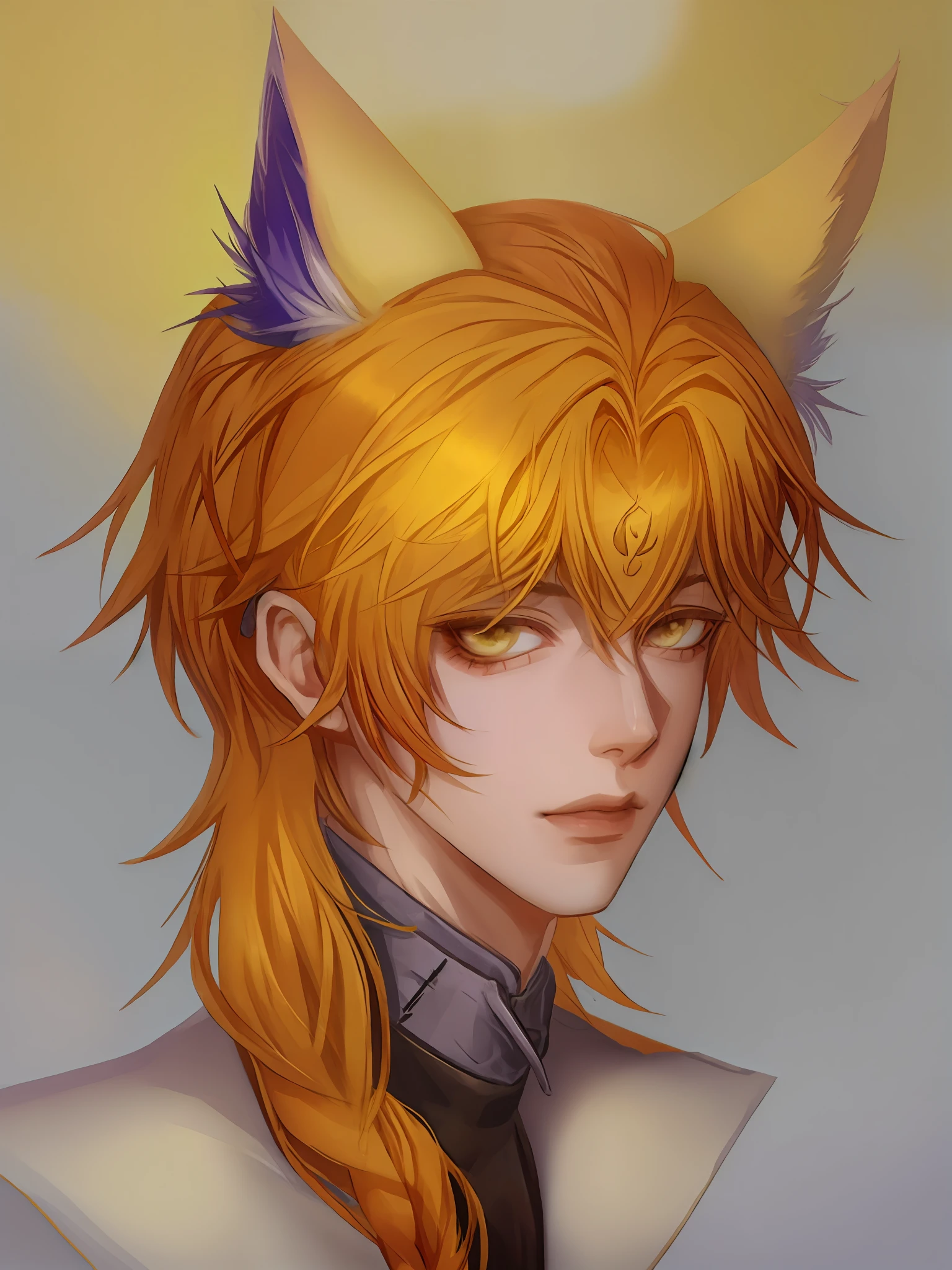 1 boy, male focus, solo, long hair, cat ears, yellow hair,