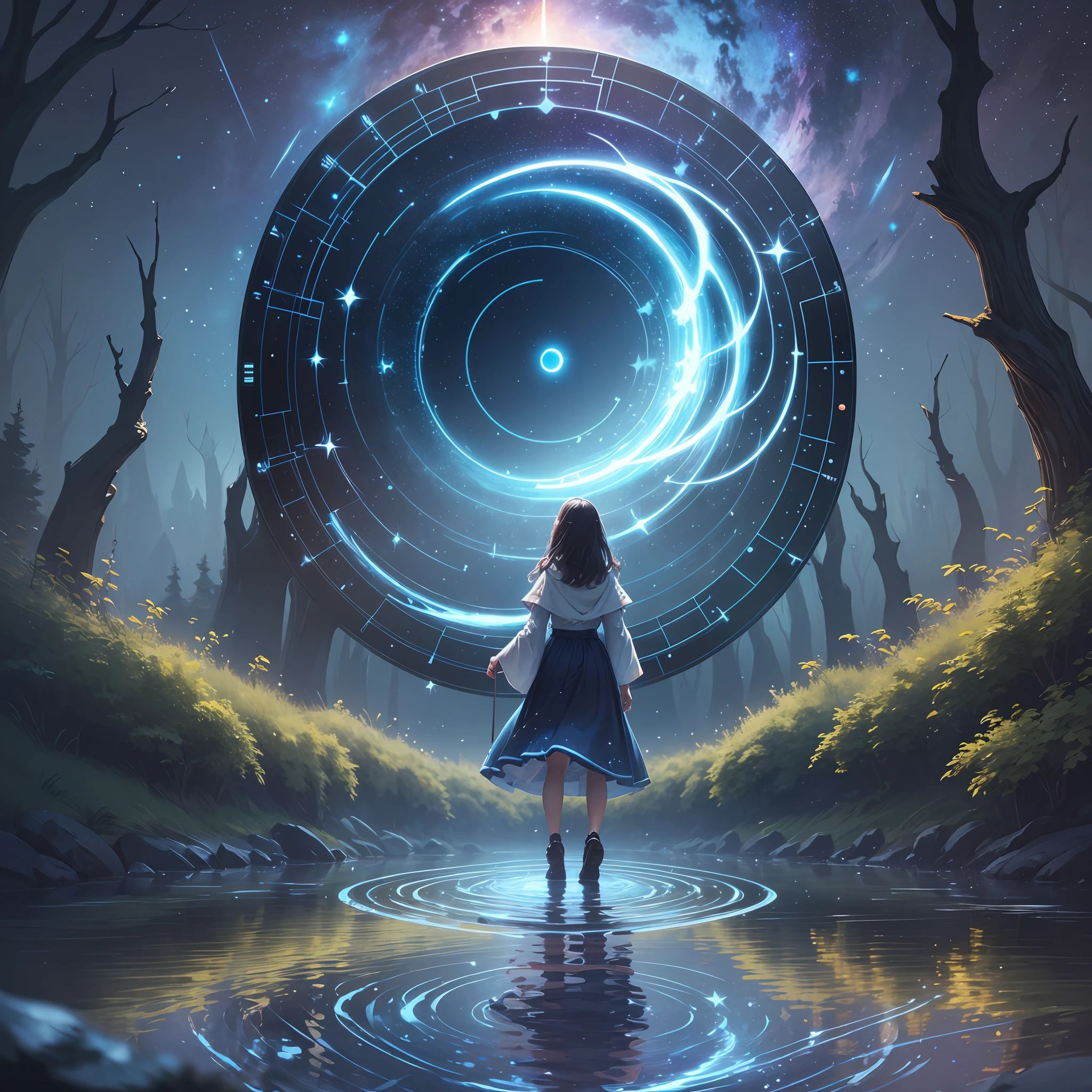 girl, A mage standing on the river, Conjuring a portal to a magical world beyond the stars, with the reflection of the stars in the water illuminating its path. --auto --s2