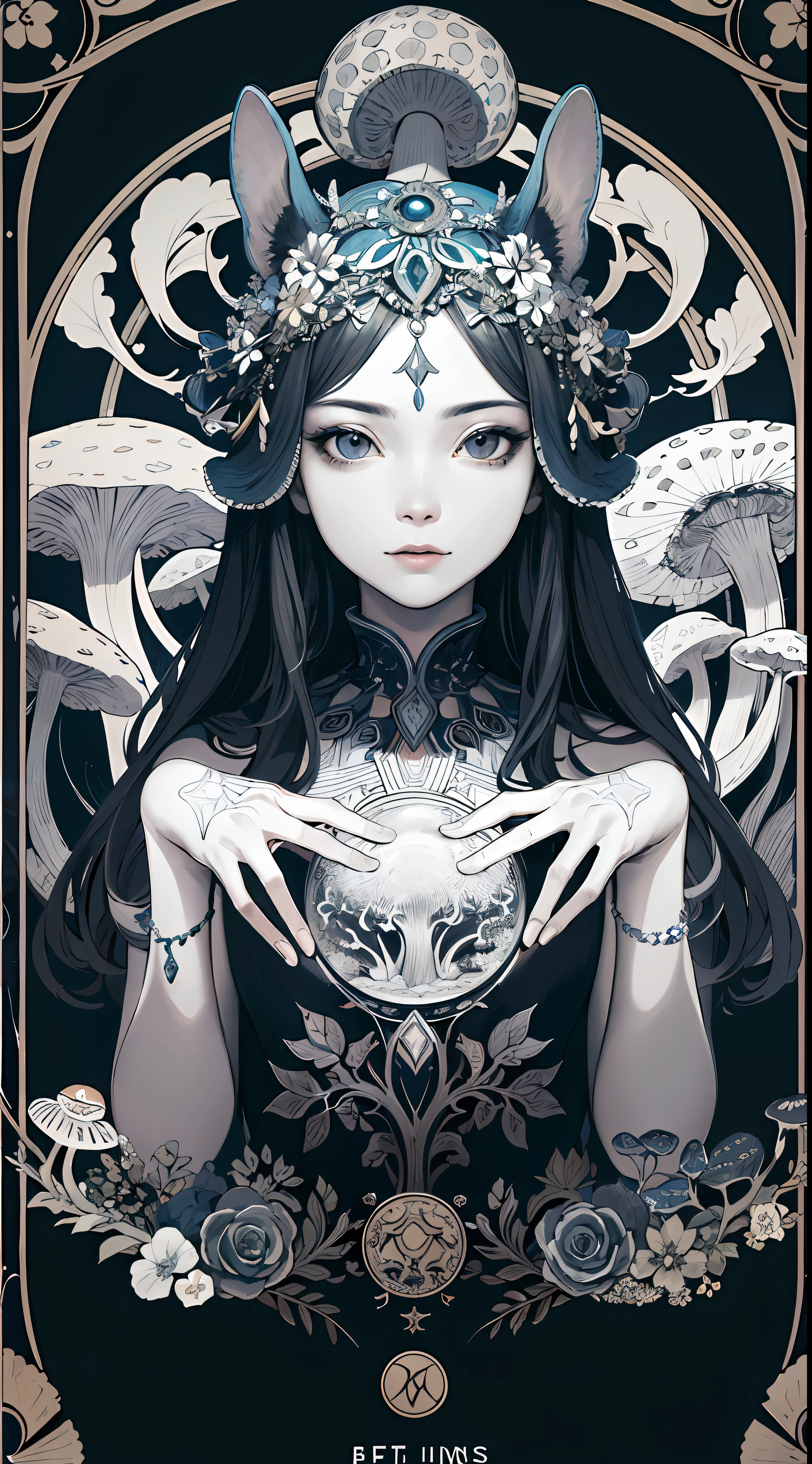 (Masterpiece, Best Quality, Highres:1.4), Detailed, Intricate Details, 4K,
color splashes, line art, fibonacci, Asian girl, mushroom,flowers ,magical,psychedelic details art, beautiful charming face,dmt details art,(five fingers hands),(normal hands),trippy details art, tarot card style, show full objects