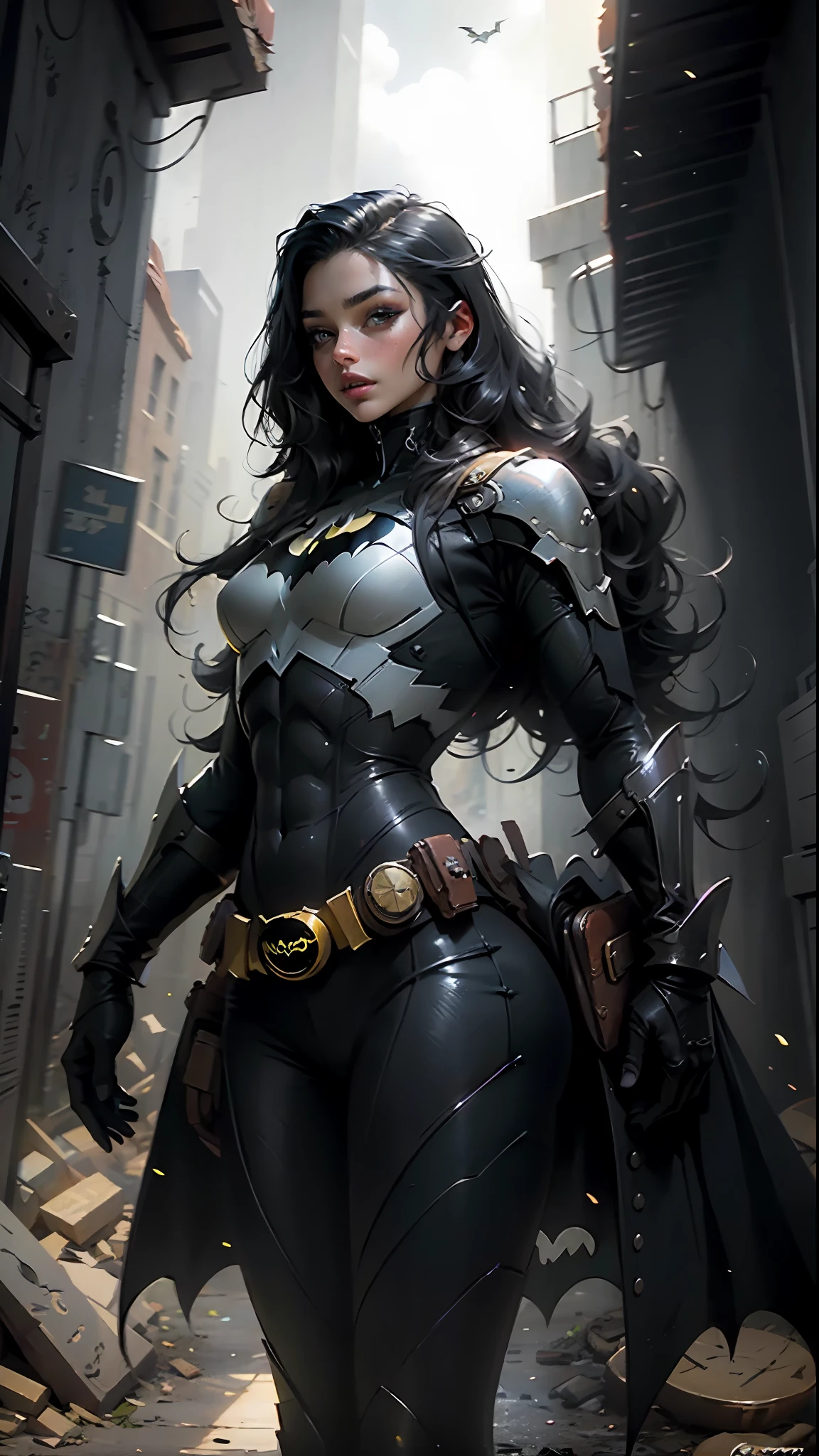 A beautiful woman with long black hair defines the body and wears a Batman role-playing game